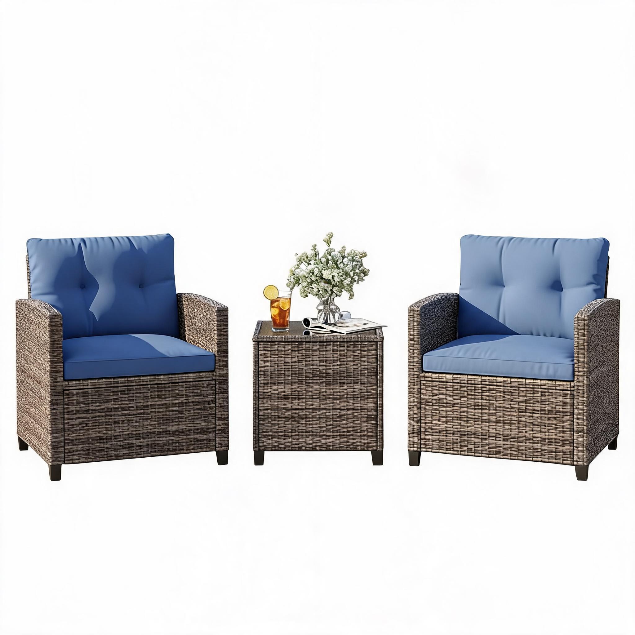3 Pieces Rattan Patio Conversation Set, Patio Table and Chairs Set of 2