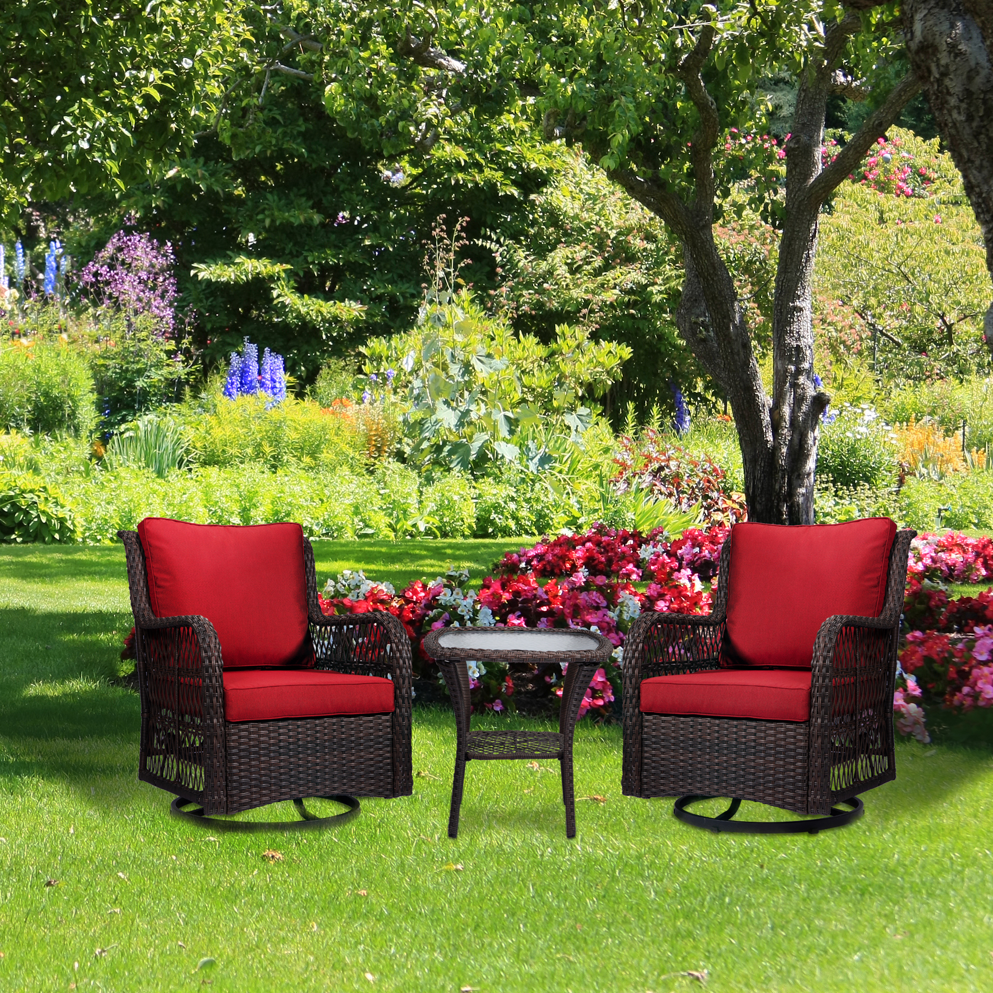 Garvee 3x Outdoor Wicker Swivel Rocker Patio Set 360° Rock Chair Bistro Backyard