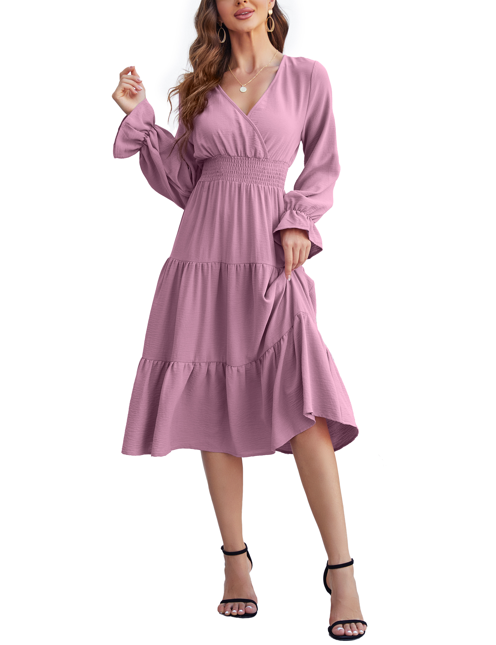 Women 2025 Puff Long Sleeve V Neck Smocked Maxi Dress Solid Flowy Long Dress - Picture 24 of 45