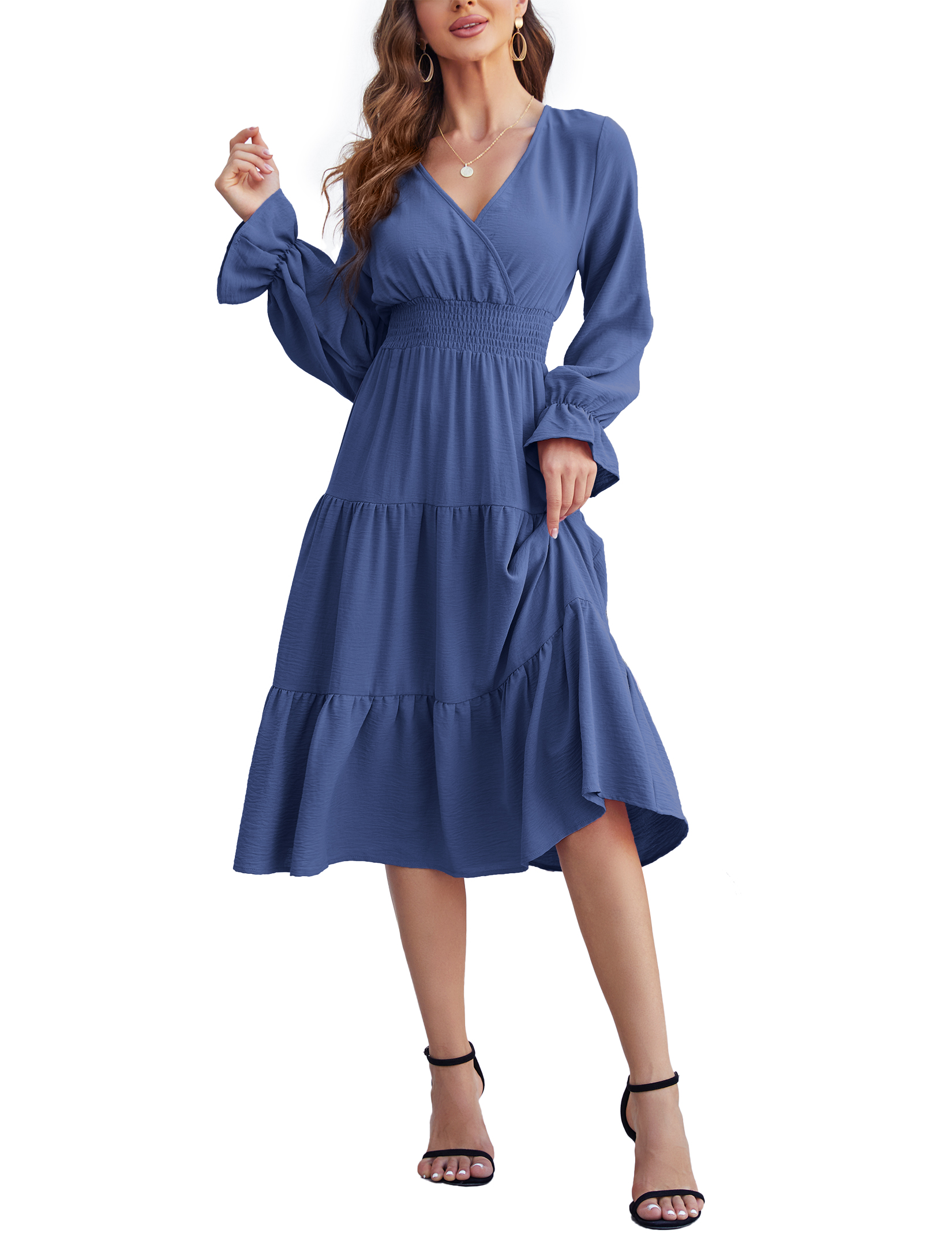 Women 2025 Puff Long Sleeve V Neck Smocked Maxi Dress Solid Flowy Long Dress - Picture 34 of 45