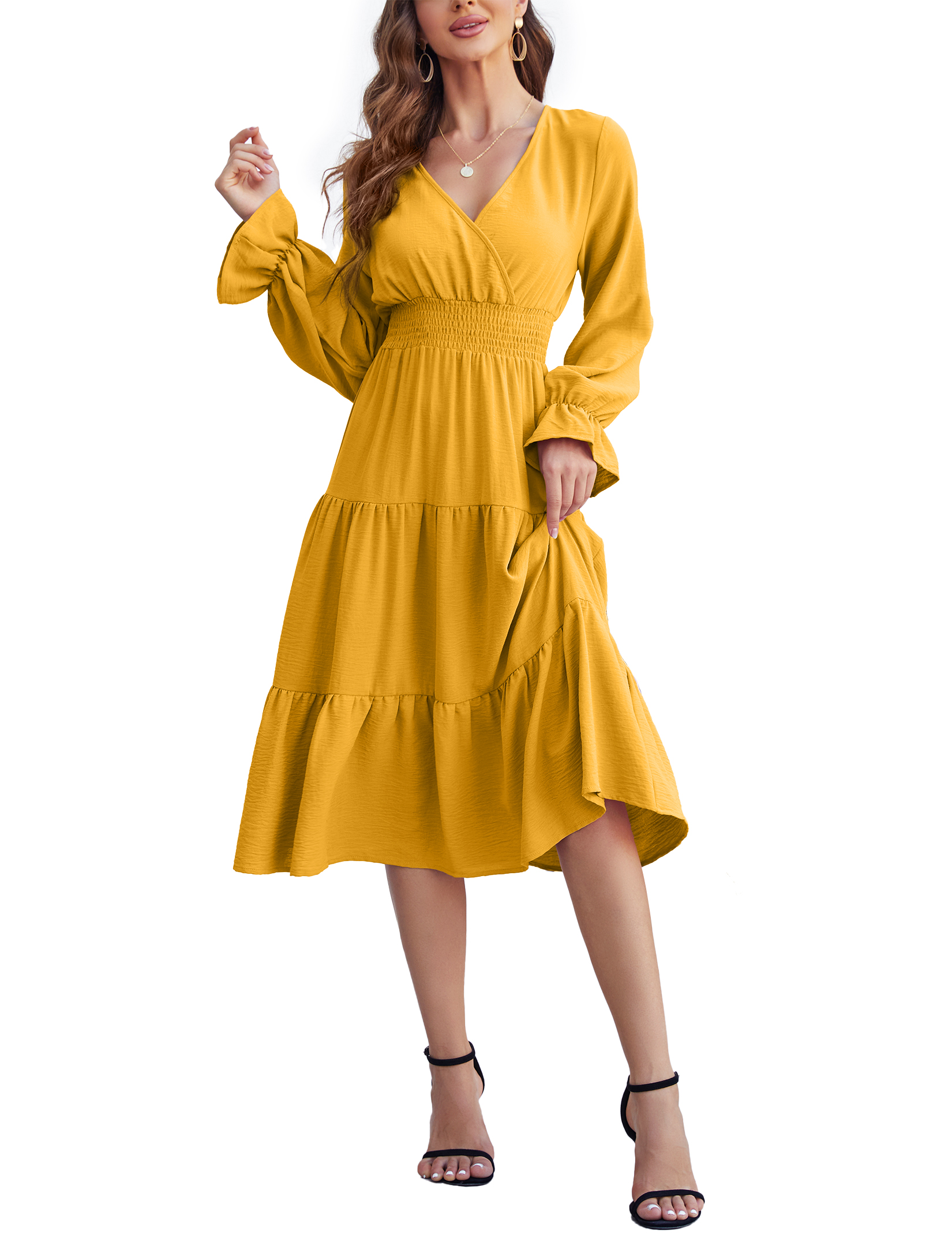 Women 2025 Puff Long Sleeve V Neck Smocked Maxi Dress Solid Flowy Long Dress - Picture 33 of 45