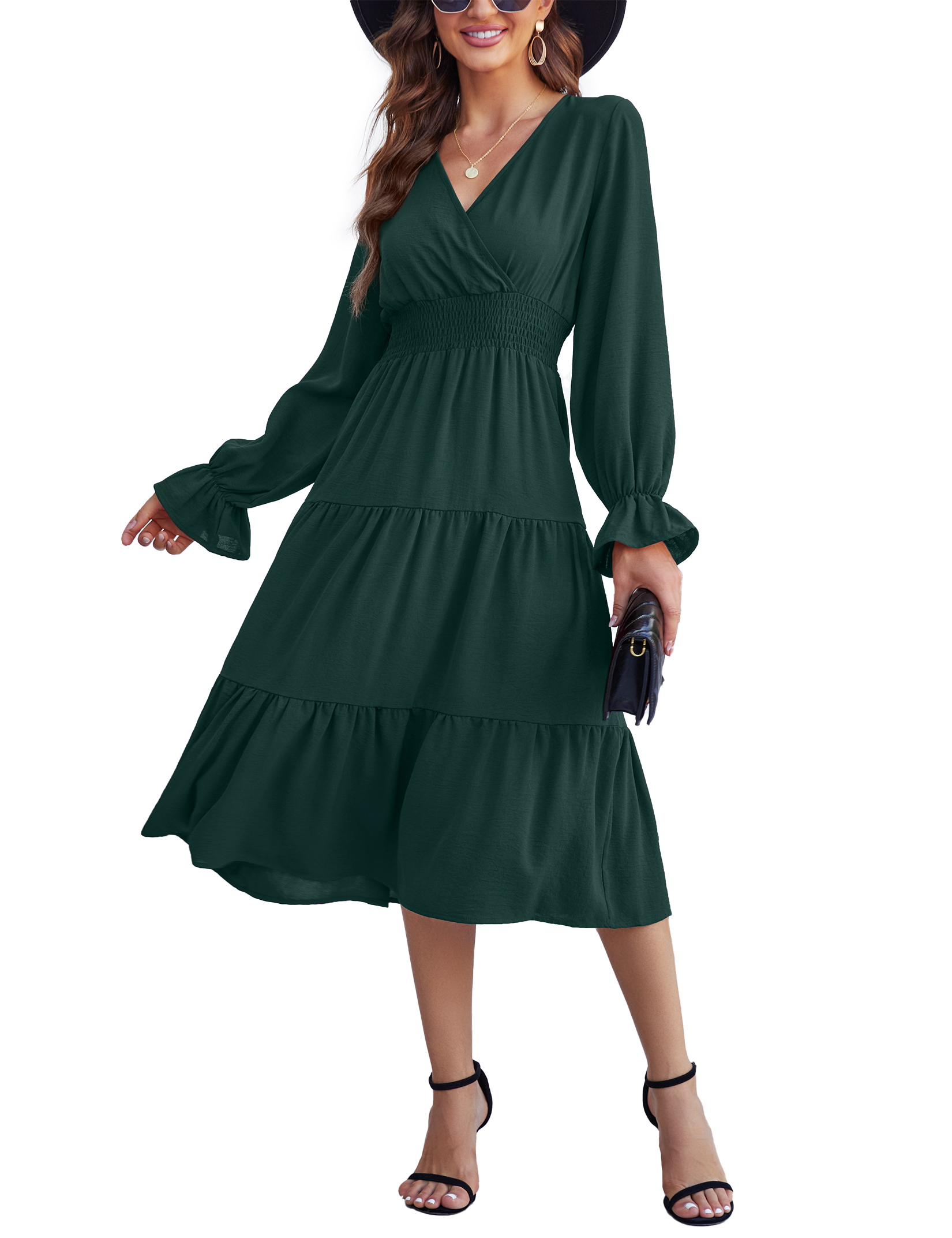 Women 2025 Puff Long Sleeve V Neck Smocked Maxi Dress Solid Flowy Long Dress - Picture 41 of 45