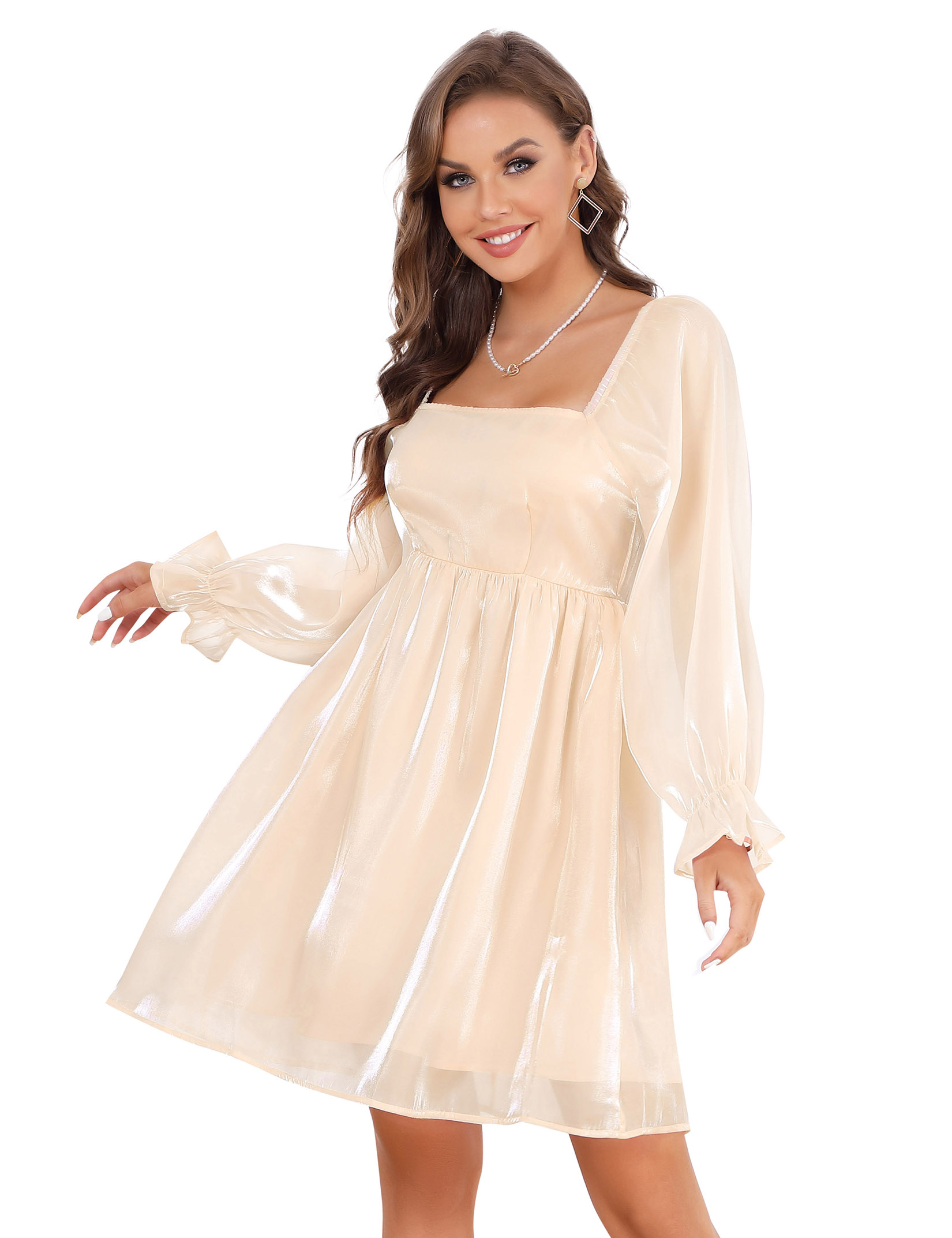 Women's 2025 Casual Long Lantern Sleeve Dresses Square Neck Dress - Picture 22 of 30