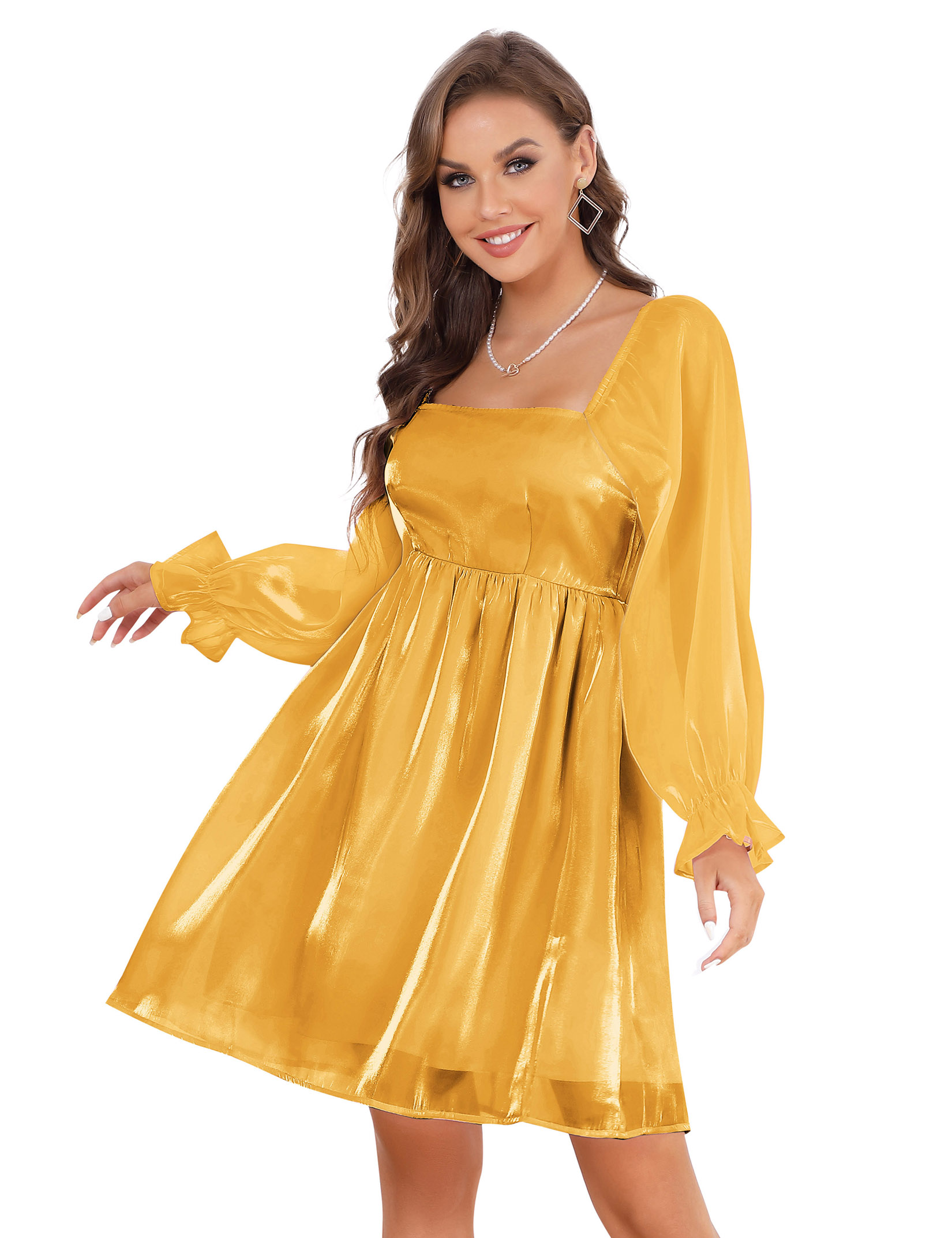 Women's 2025 Casual Long Lantern Sleeve Dresses Square Neck Dress - Picture 23 of 30