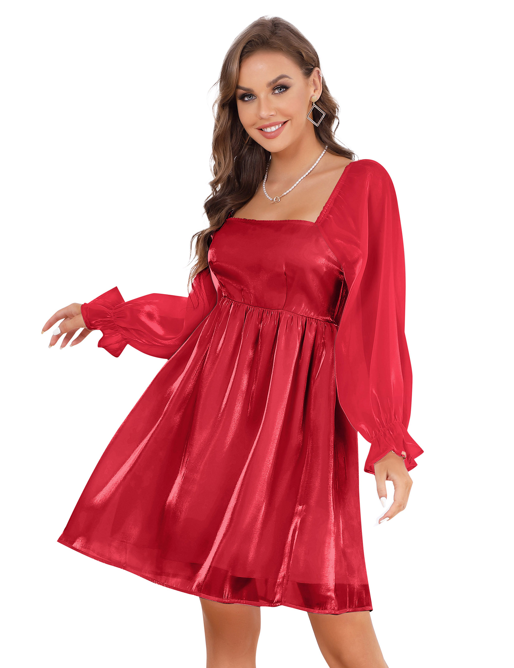 Women's 2025 Casual Long Lantern Sleeve Dresses Square Neck Dress - Picture 28 of 30