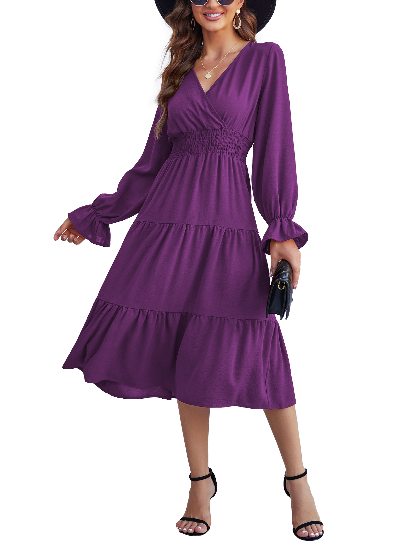 Women 2025 Puff Long Sleeve V Neck Smocked Maxi Dress Solid Flowy Long Dress - Picture 43 of 45