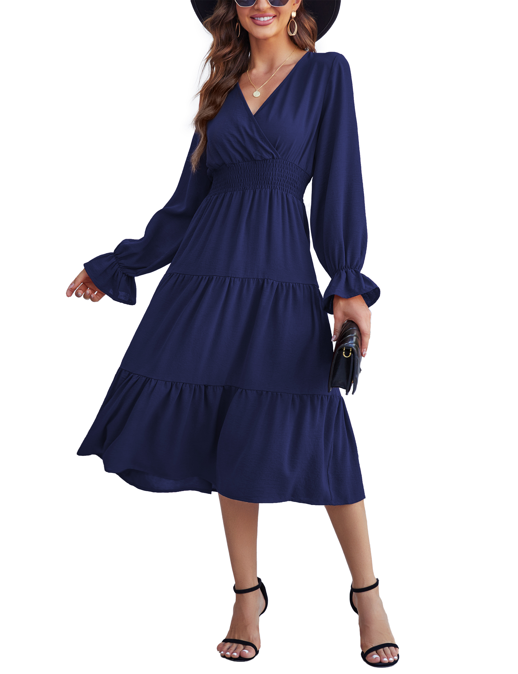 Women 2025 Puff Long Sleeve V Neck Smocked Maxi Dress Solid Flowy Long Dress - Picture 40 of 45