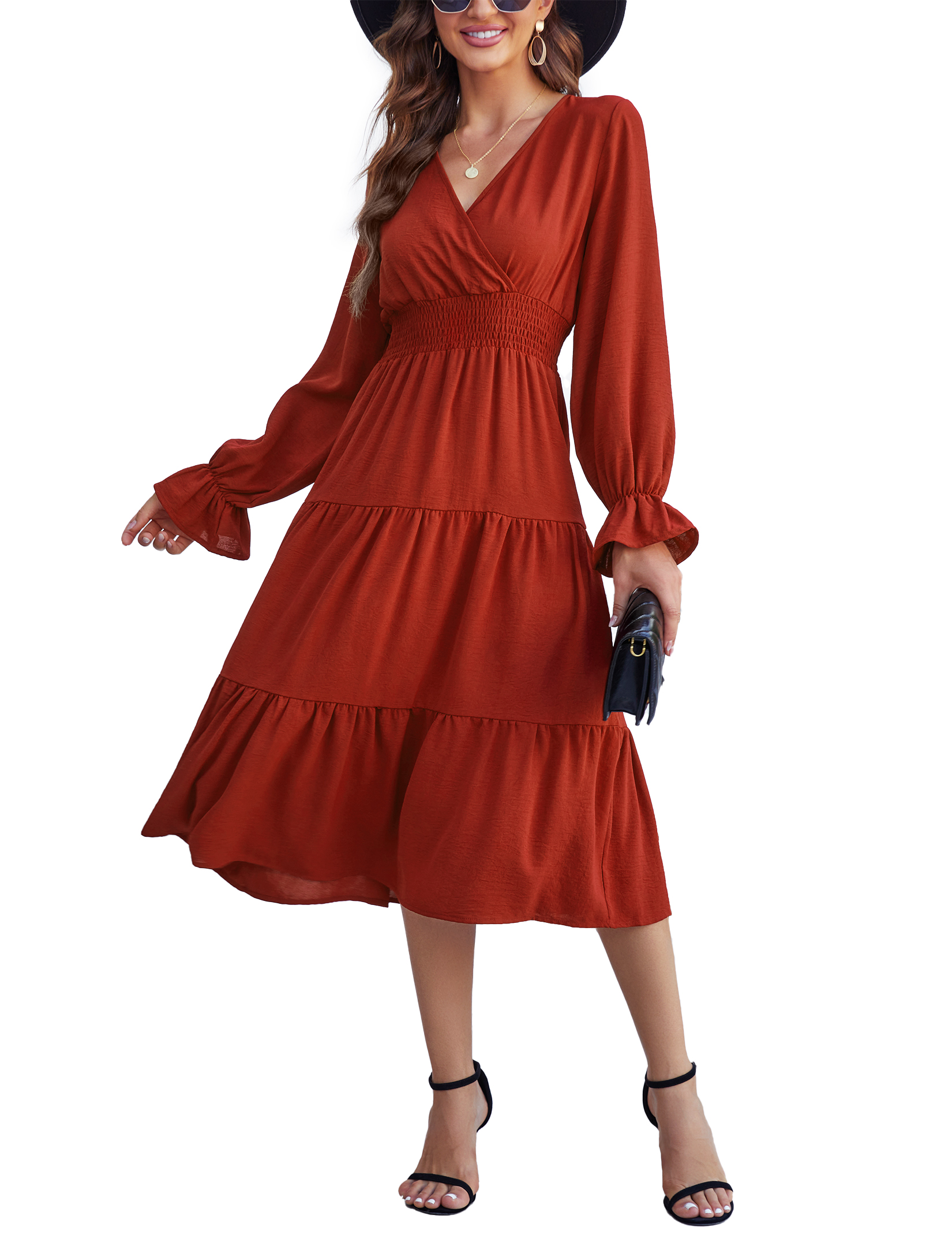 Women 2025 Puff Long Sleeve V Neck Smocked Maxi Dress Solid Flowy Long Dress - Picture 29 of 45