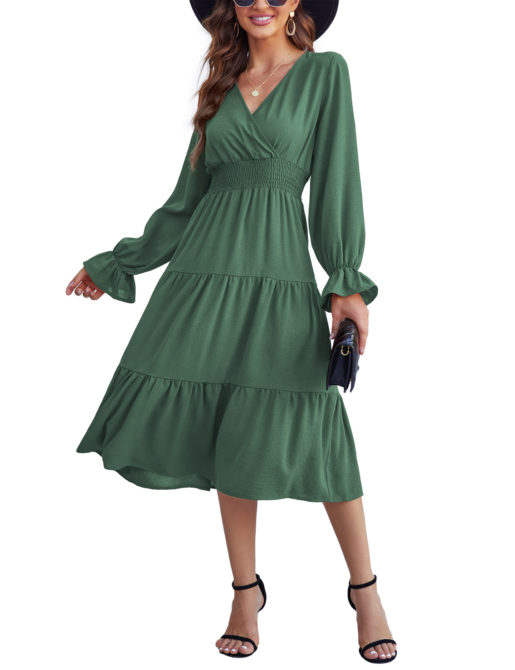 Women 2025 Puff Long Sleeve V Neck Smocked Maxi Dress Solid Flowy Long Dress - Picture 32 of 45