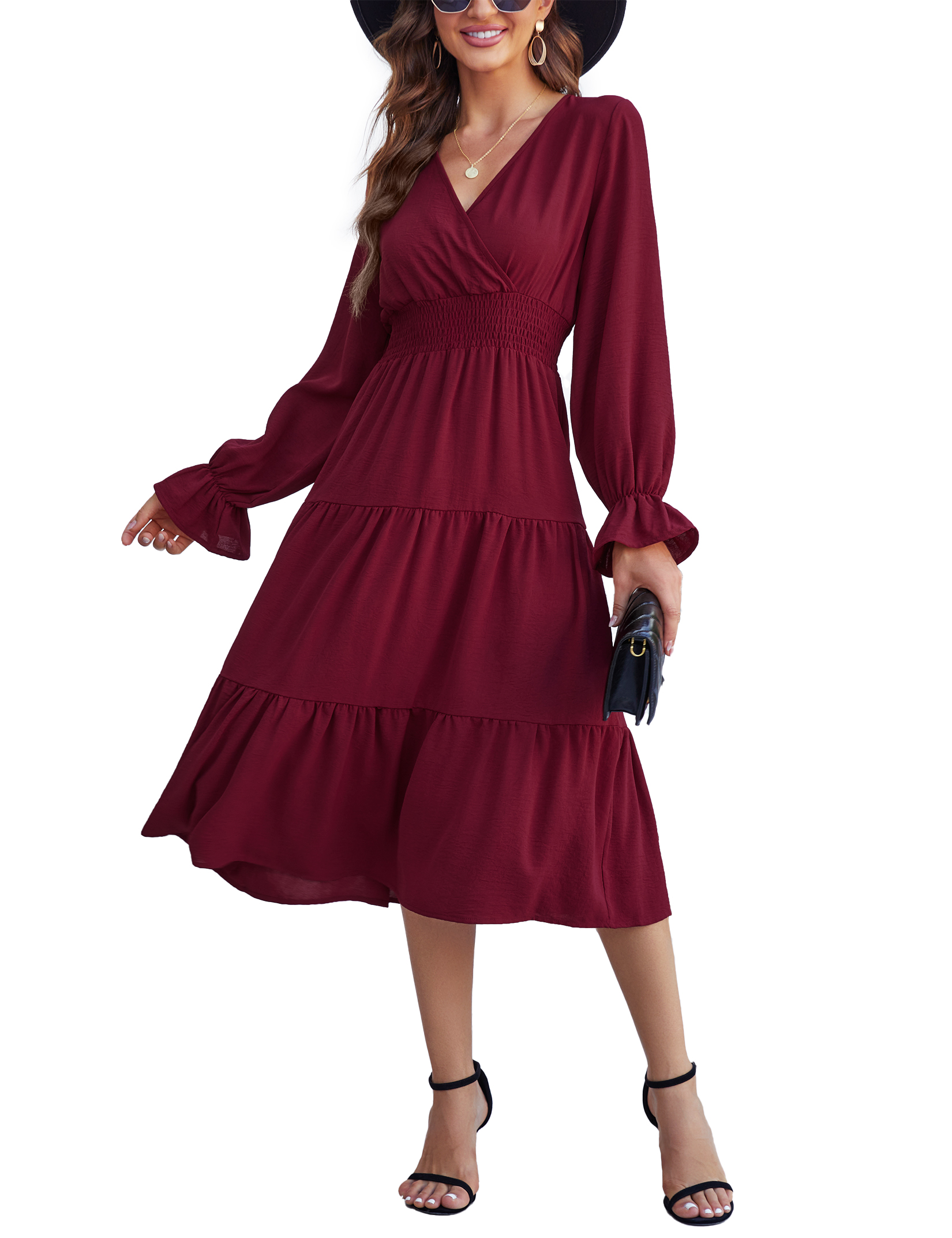 Women 2025 Puff Long Sleeve V Neck Smocked Maxi Dress Solid Flowy Long Dress - Picture 39 of 45