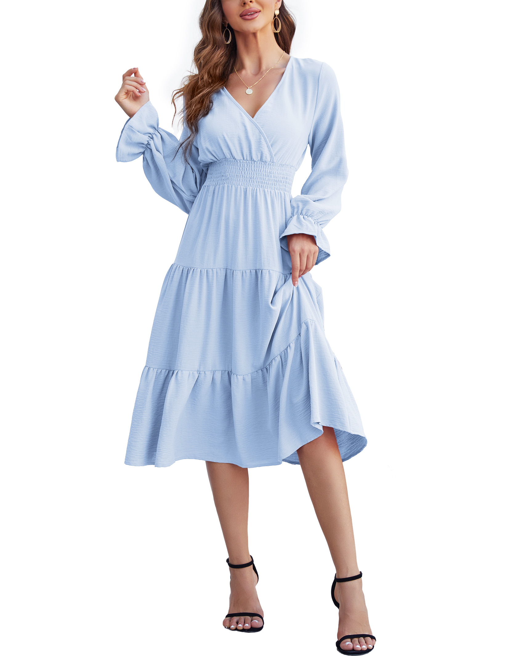Women 2025 Puff Long Sleeve V Neck Smocked Maxi Dress Solid Flowy Long Dress - Picture 25 of 45