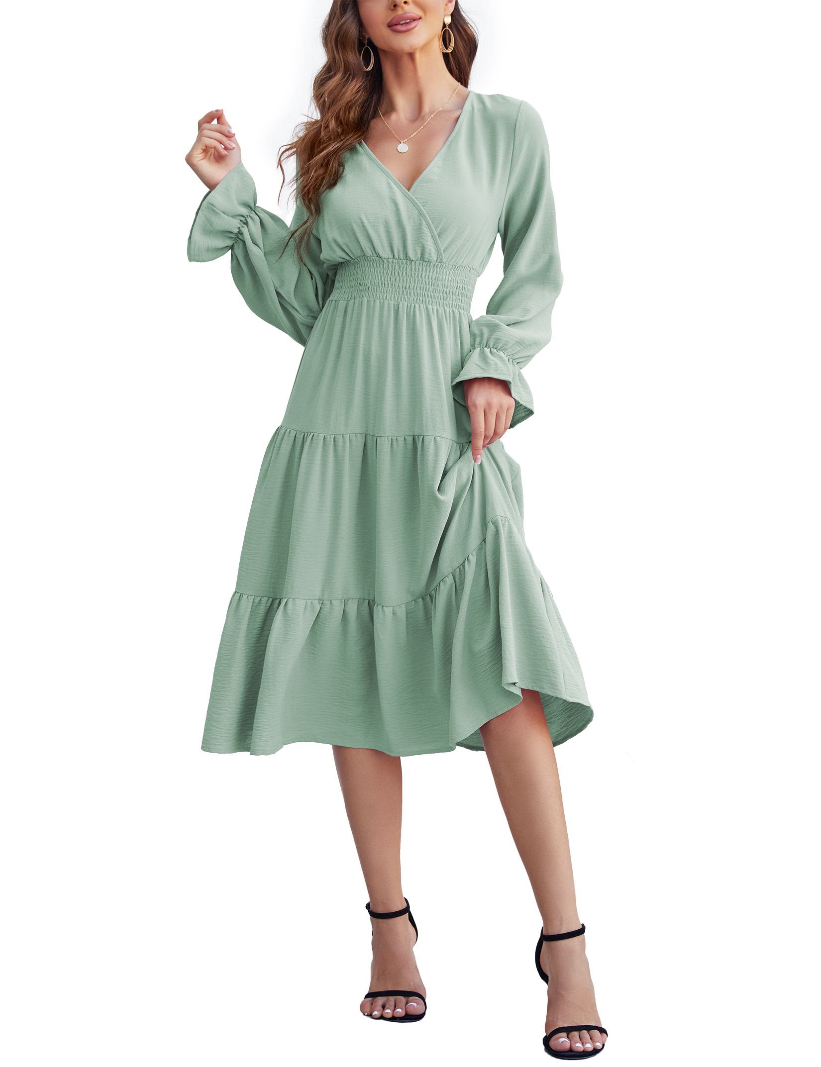 Women 2025 Puff Long Sleeve V Neck Smocked Maxi Dress Solid Flowy Long Dress - Picture 38 of 45