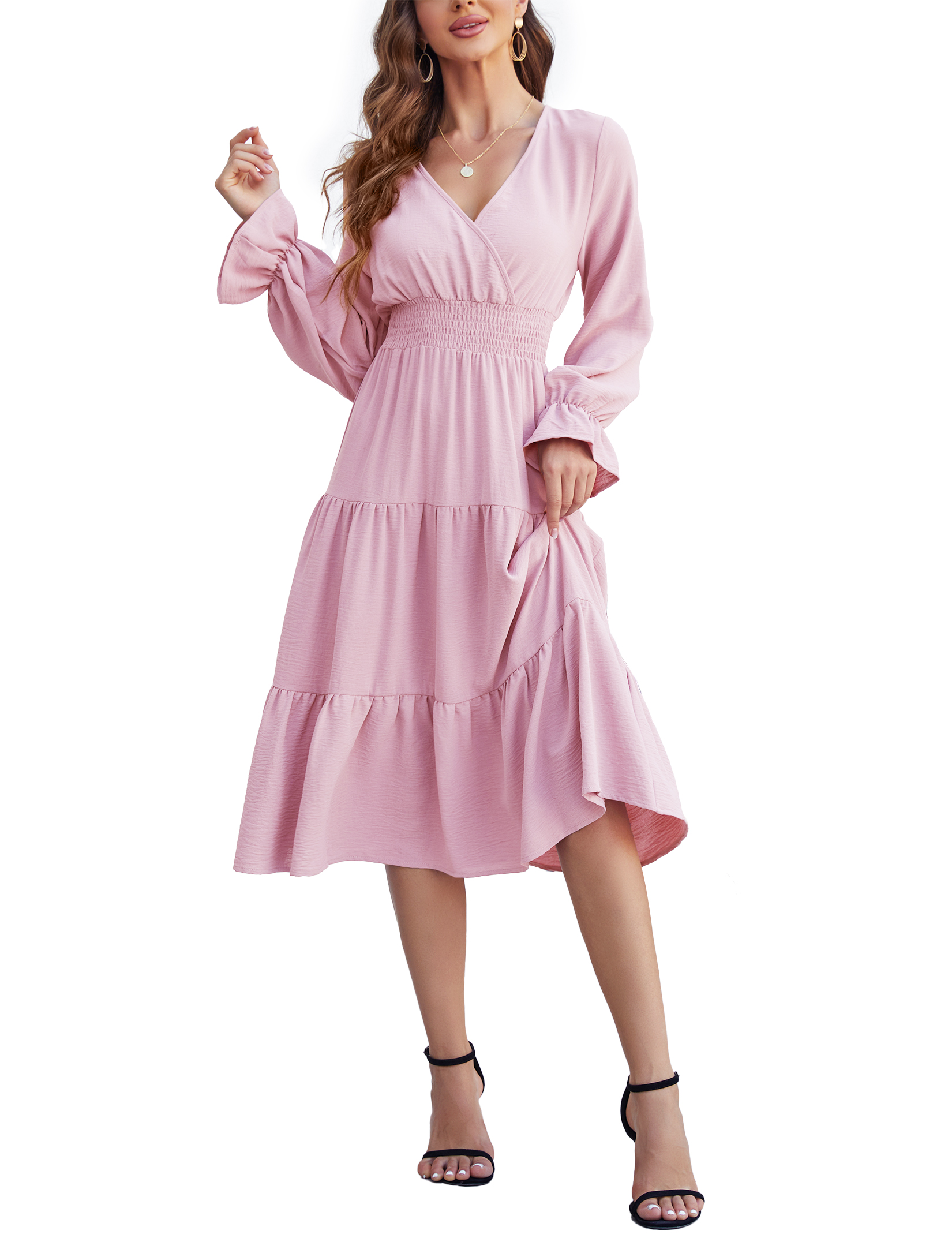 Women 2025 Puff Long Sleeve V Neck Smocked Maxi Dress Solid Flowy Long Dress - Picture 37 of 45