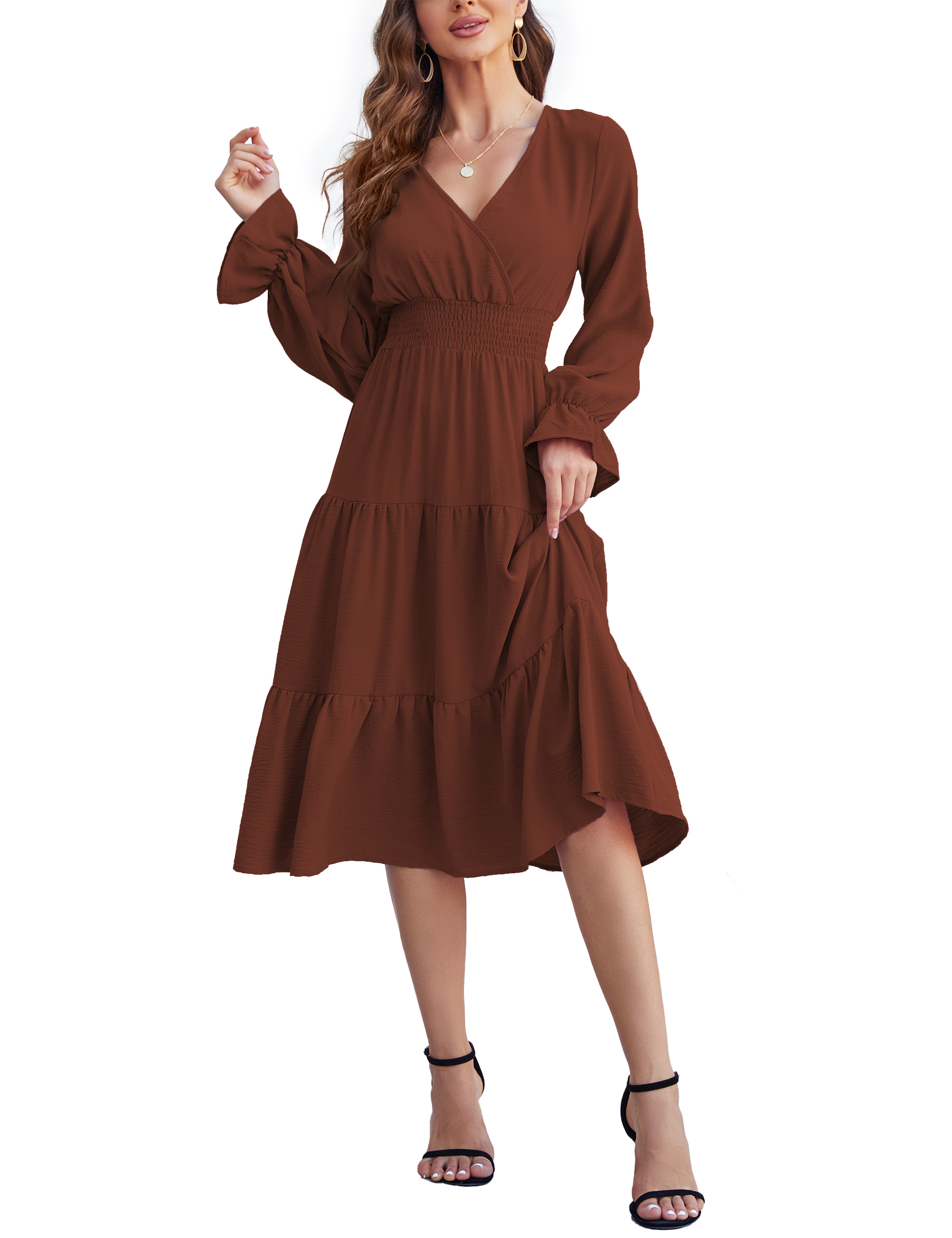 Women 2025 Puff Long Sleeve V Neck Smocked Maxi Dress Solid Flowy Long Dress - Picture 35 of 45