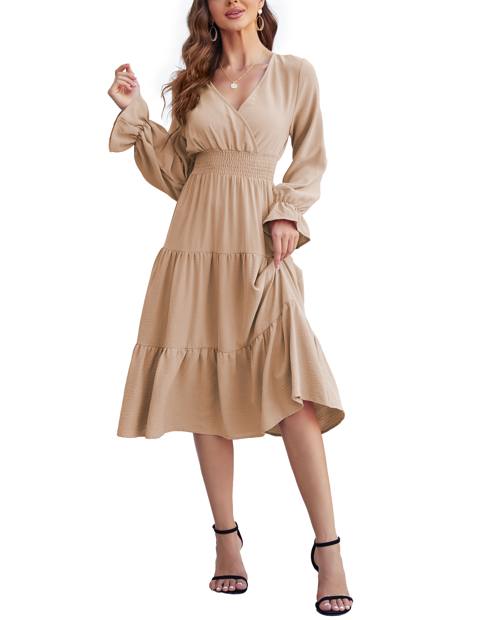 Women 2025 Puff Long Sleeve V Neck Smocked Maxi Dress Solid Flowy Long Dress - Picture 31 of 45