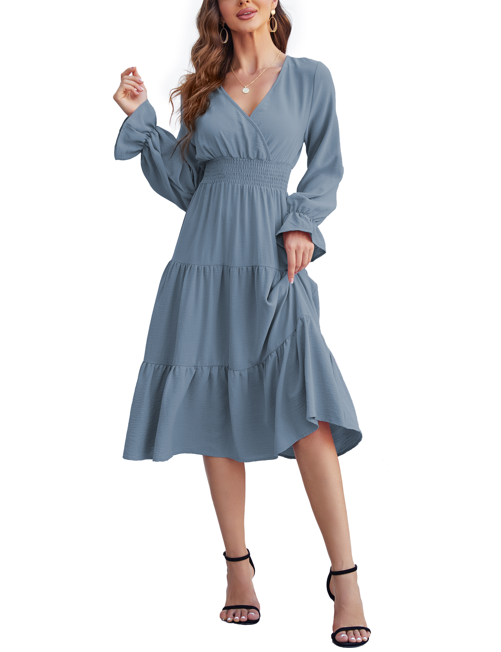 Women 2025 Puff Long Sleeve V Neck Smocked Maxi Dress Solid Flowy Long Dress - Picture 27 of 45