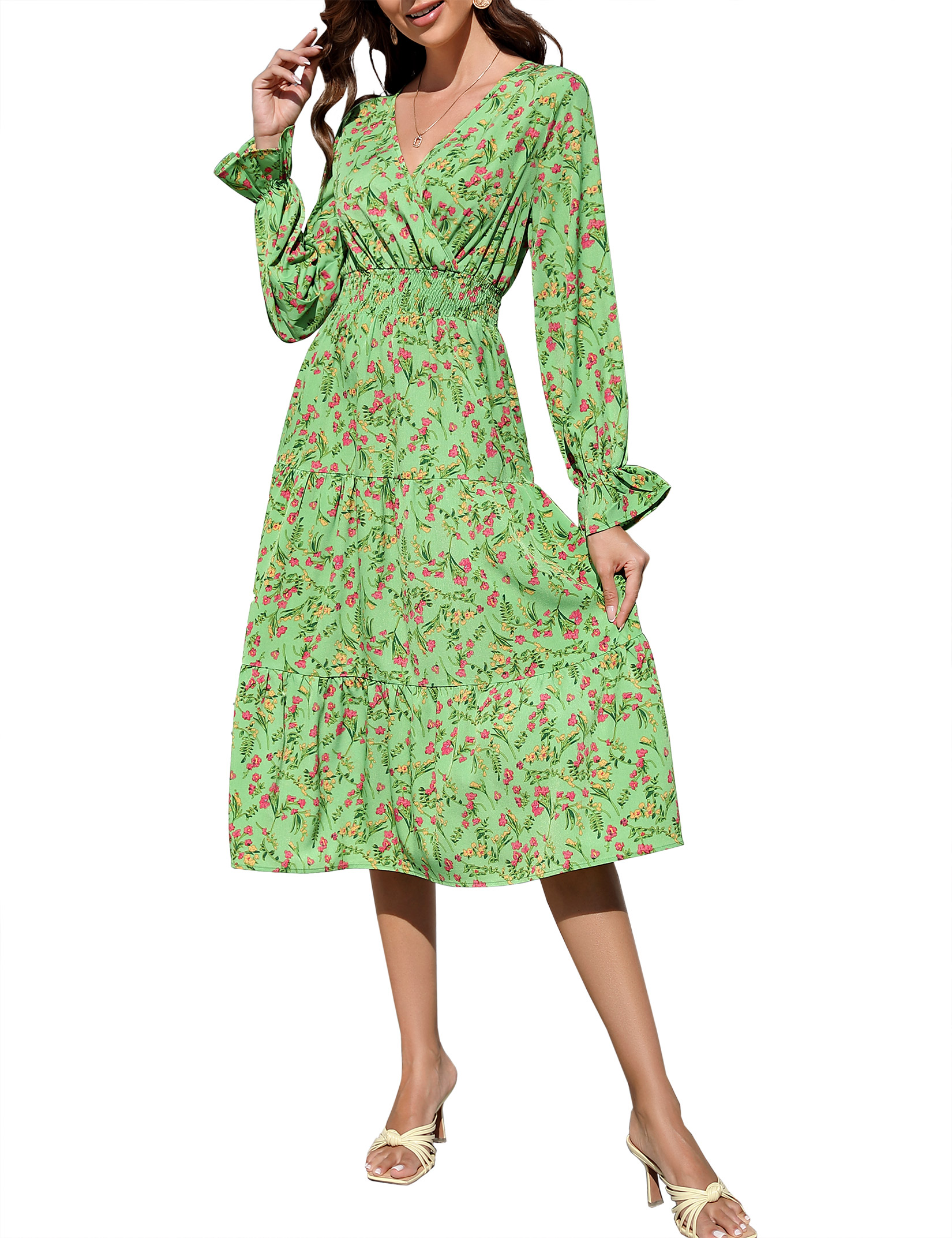 Women 2025 Puff Long Sleeve V Neck Smocked Maxi Dress Solid Flowy Long Dress - Picture 44 of 45