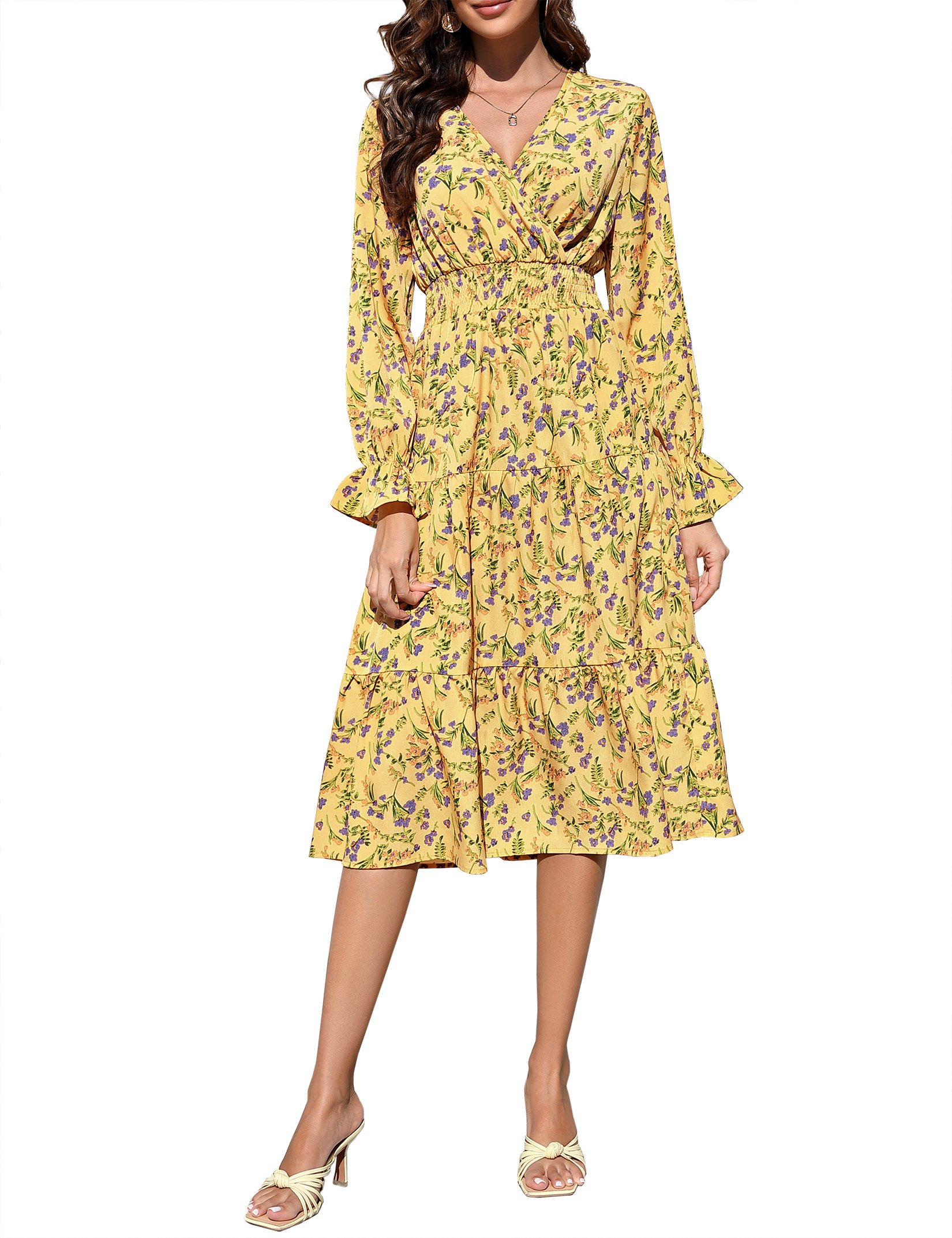 Women 2025 Puff Long Sleeve V Neck Smocked Maxi Dress Solid Flowy Long Dress - Picture 36 of 45