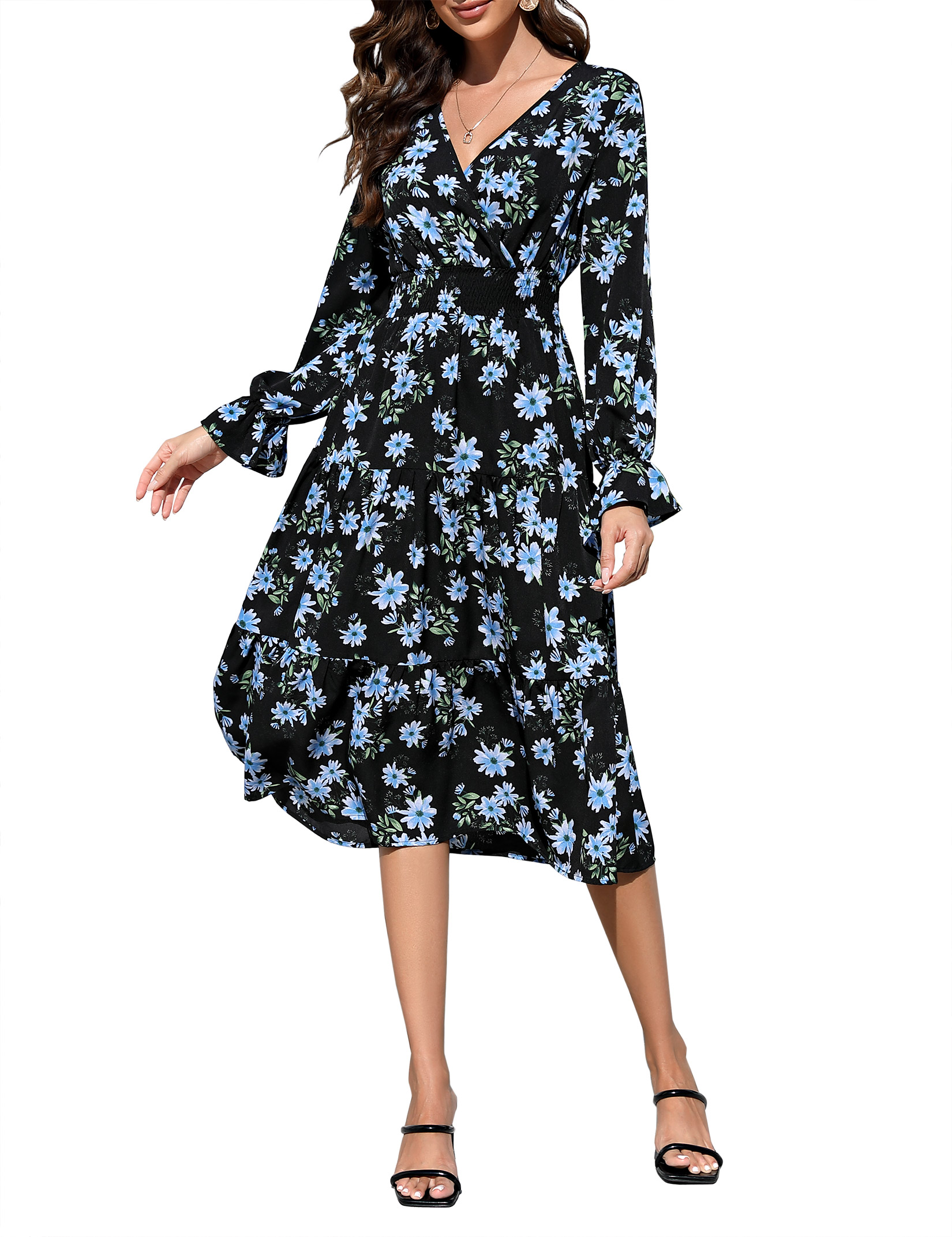 Women 2025 Puff Long Sleeve V Neck Smocked Maxi Dress Solid Flowy Long Dress - Picture 42 of 45