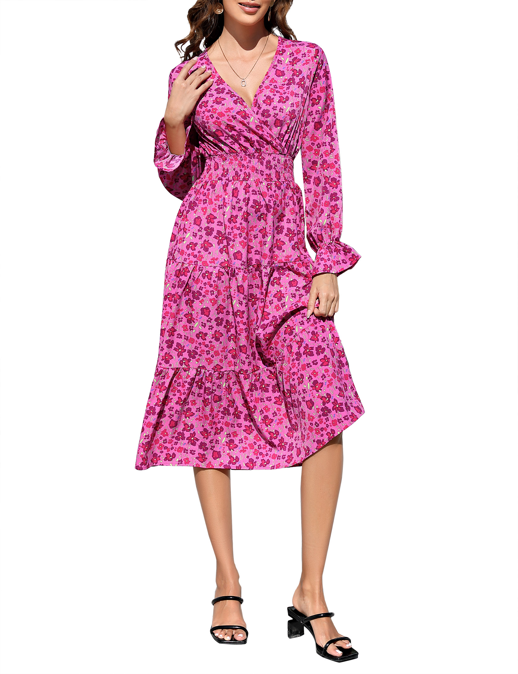 Women 2025 Puff Long Sleeve V Neck Smocked Maxi Dress Solid Flowy Long Dress - Picture 45 of 45