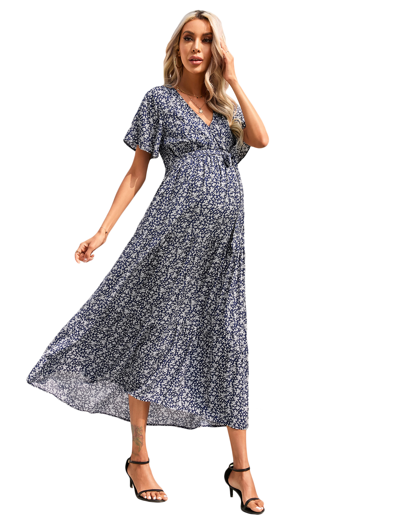 V-Neck Trumpet Sleeve Short Sleeve Long Maternity Dress - Picture 25 of 38