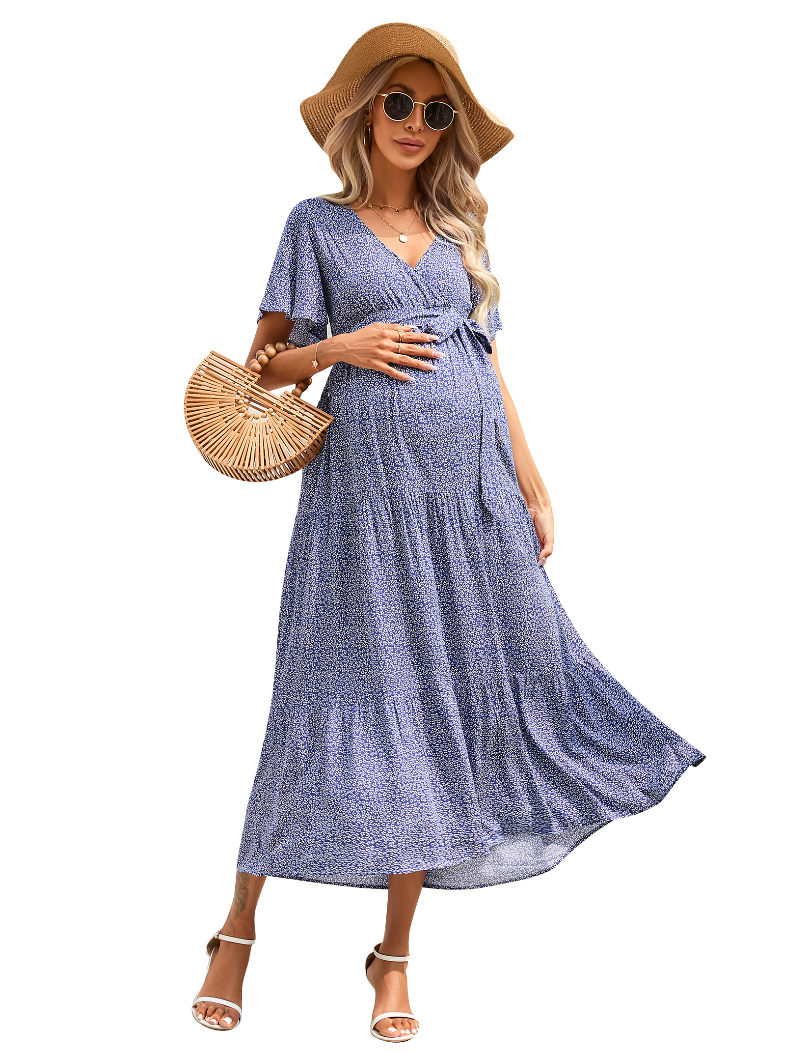 V-Neck Trumpet Sleeve Short Sleeve Long Maternity Dress - Picture 34 of 38