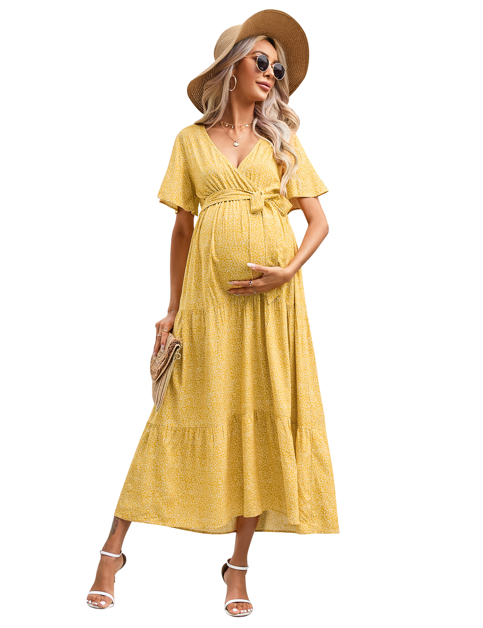 V-Neck Trumpet Sleeve Short Sleeve Long Maternity Dress - Picture 37 of 38