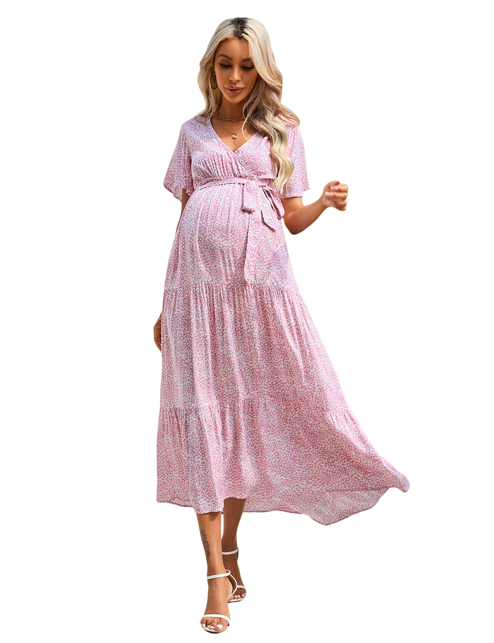 V-Neck Trumpet Sleeve Short Sleeve Long Maternity Dress - Picture 26 of 38