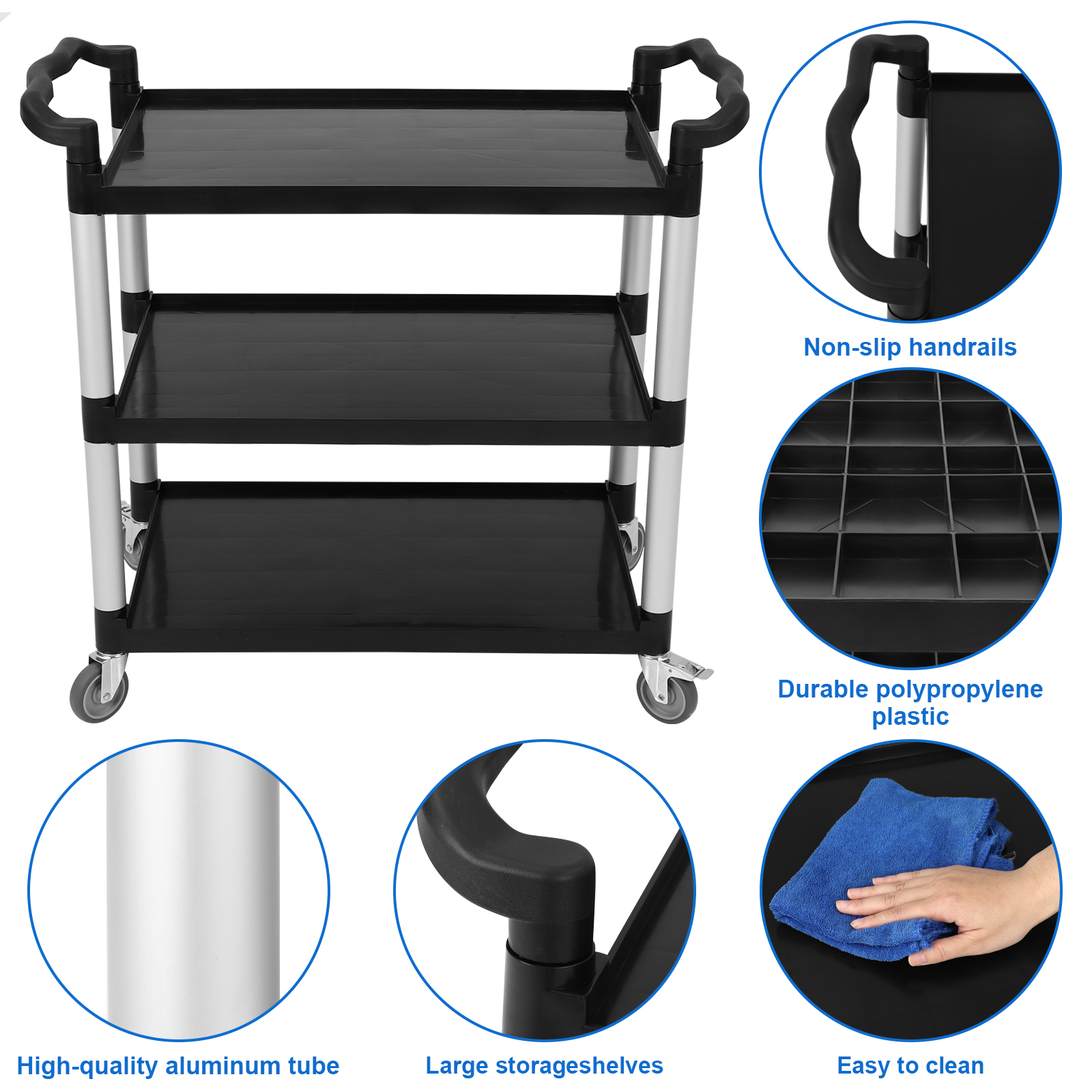 Service Cart 3-Shelf Rolling Utility 360lbs for Foodservice Restaurant Cleaning - Picture 15 of 20