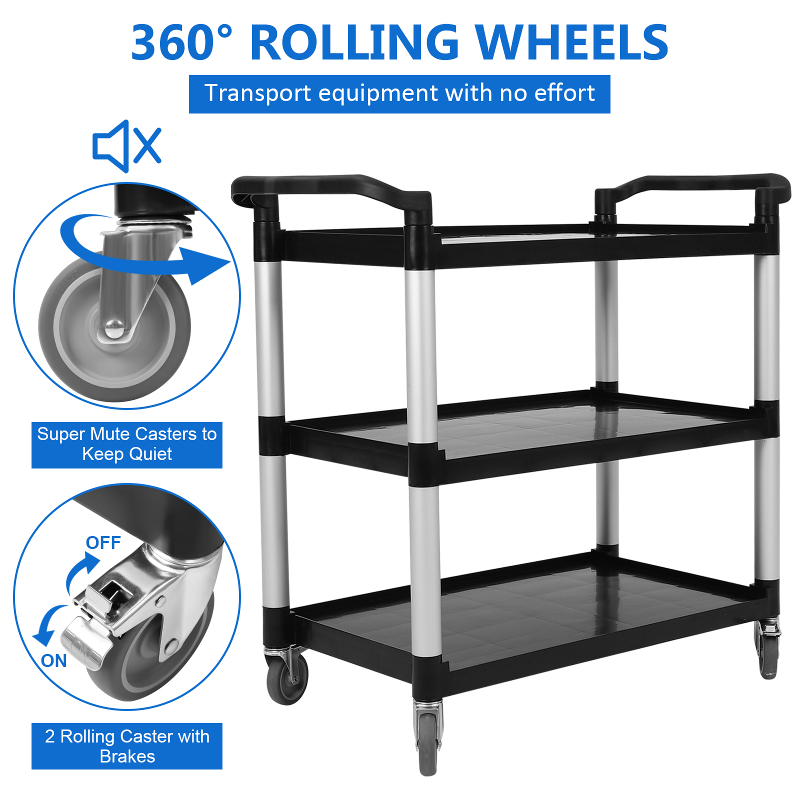 Service Cart 3-Shelf Rolling Utility 360lbs for Foodservice Restaurant Cleaning - Picture 10 of 20