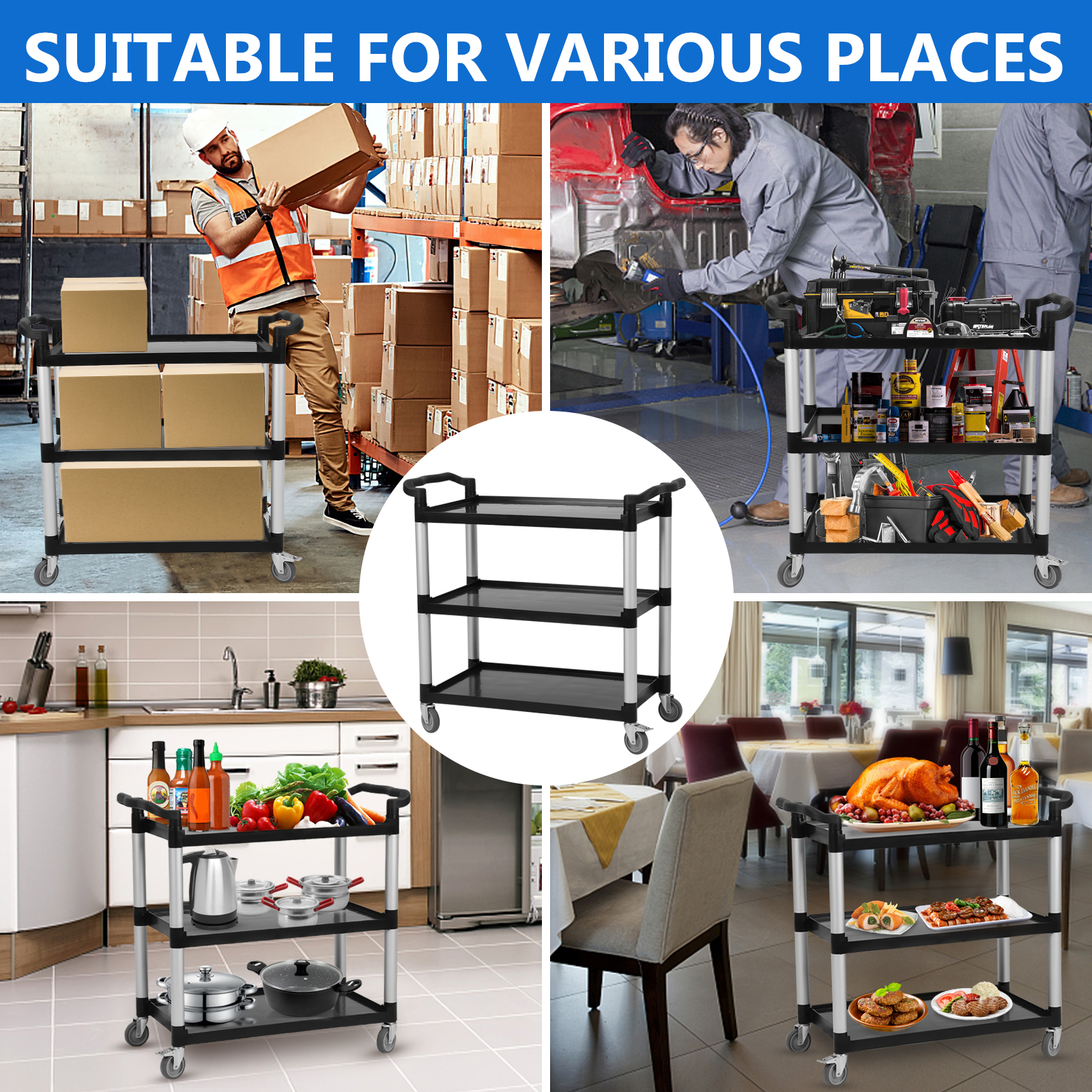 Service Cart 3-Shelf Rolling Utility 360lbs for Foodservice Restaurant Cleaning - Picture 13 of 20