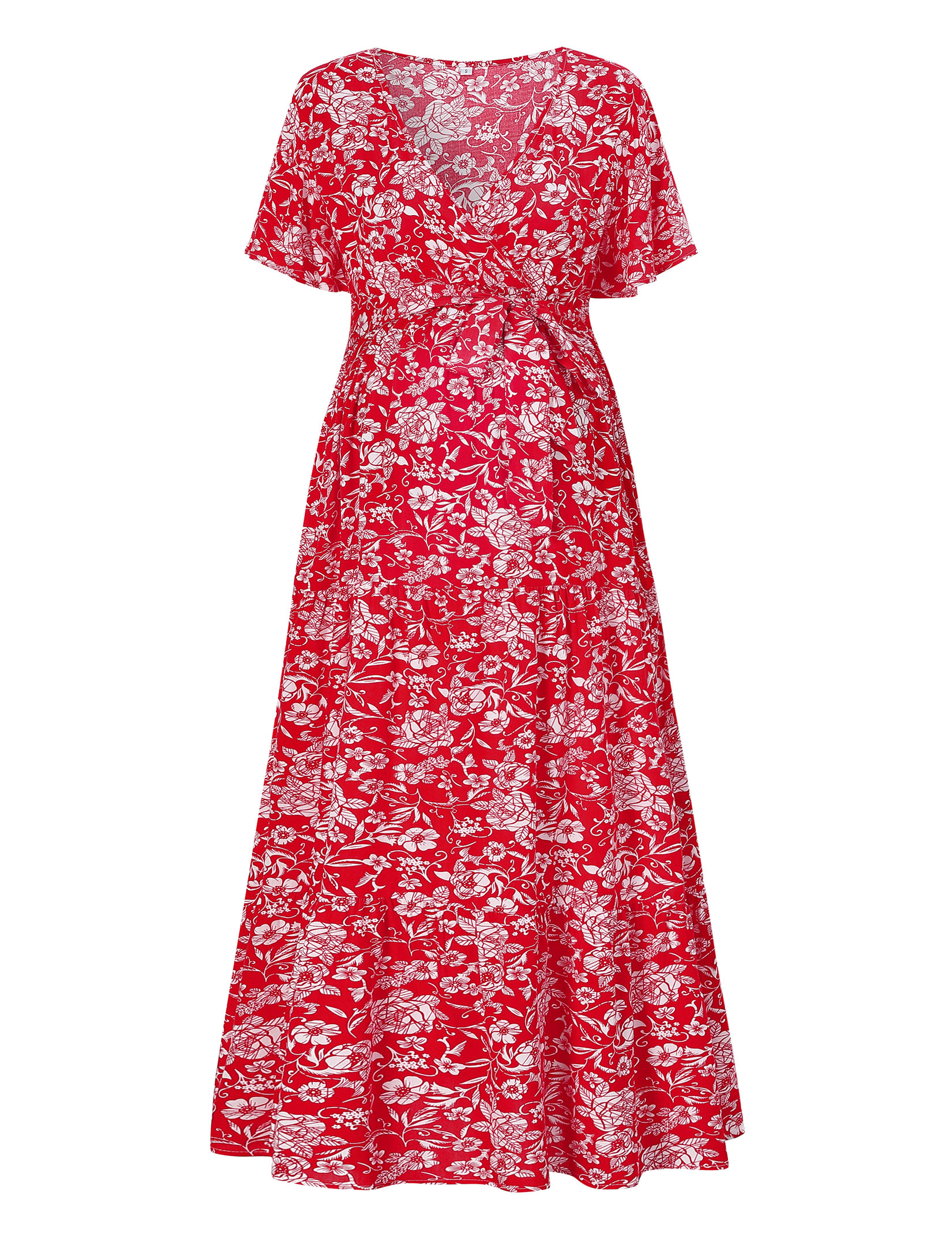 V-Neck Trumpet Sleeve Short Sleeve Long Maternity Dress - Picture 32 of 38