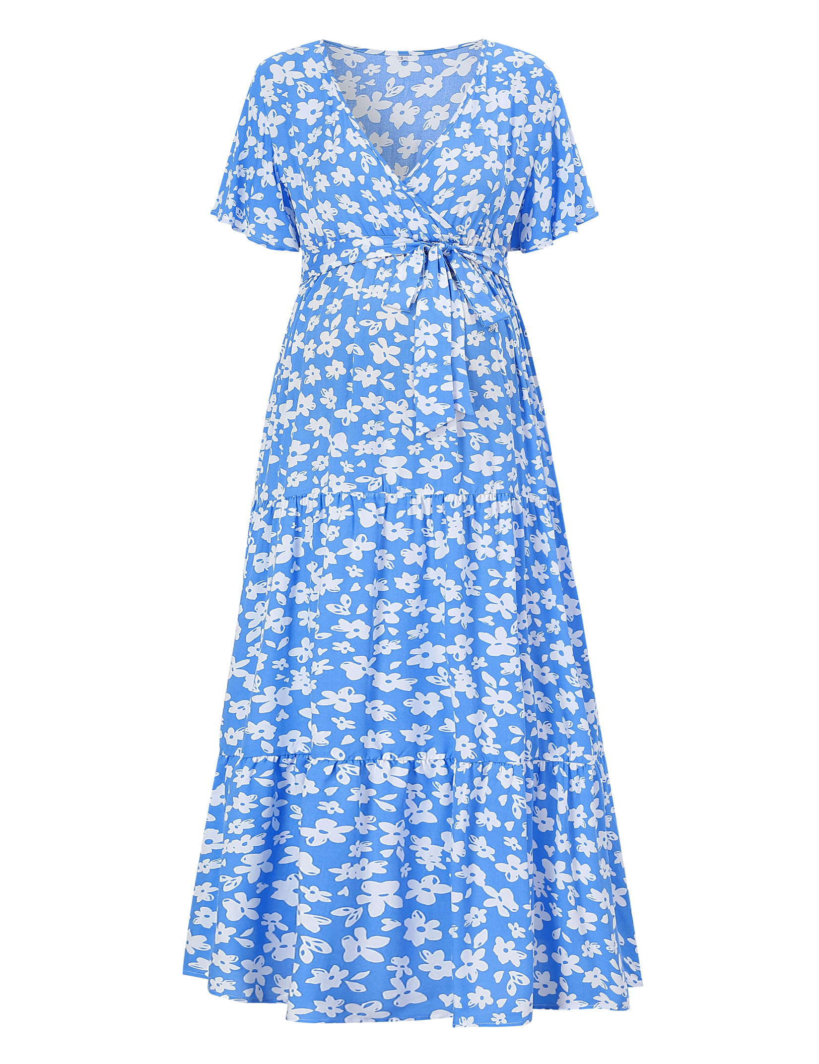 V-Neck Trumpet Sleeve Short Sleeve Long Maternity Dress - Picture 28 of 38