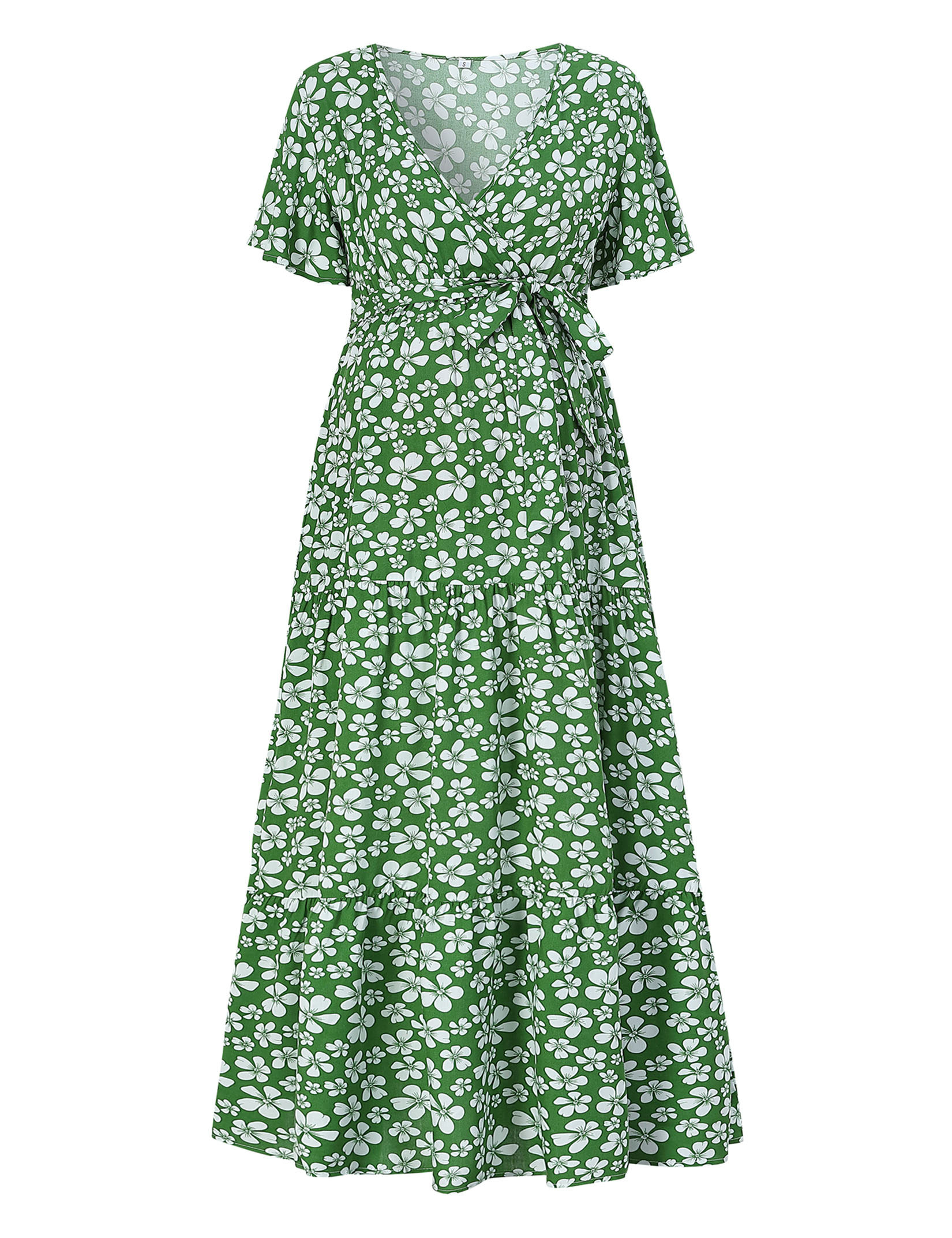 V-Neck Trumpet Sleeve Short Sleeve Long Maternity Dress - Picture 31 of 38