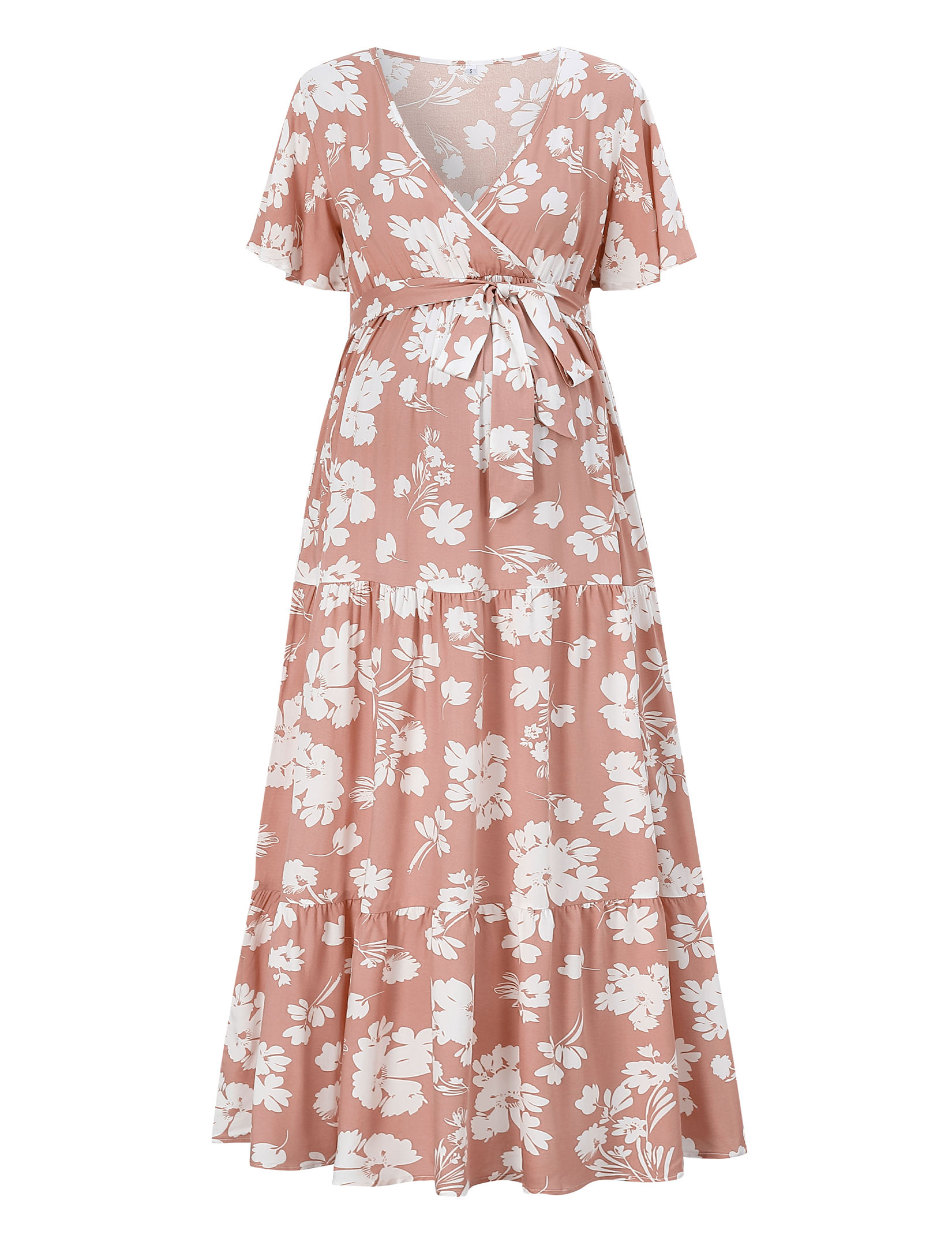 V-Neck Trumpet Sleeve Short Sleeve Long Maternity Dress - Picture 36 of 38