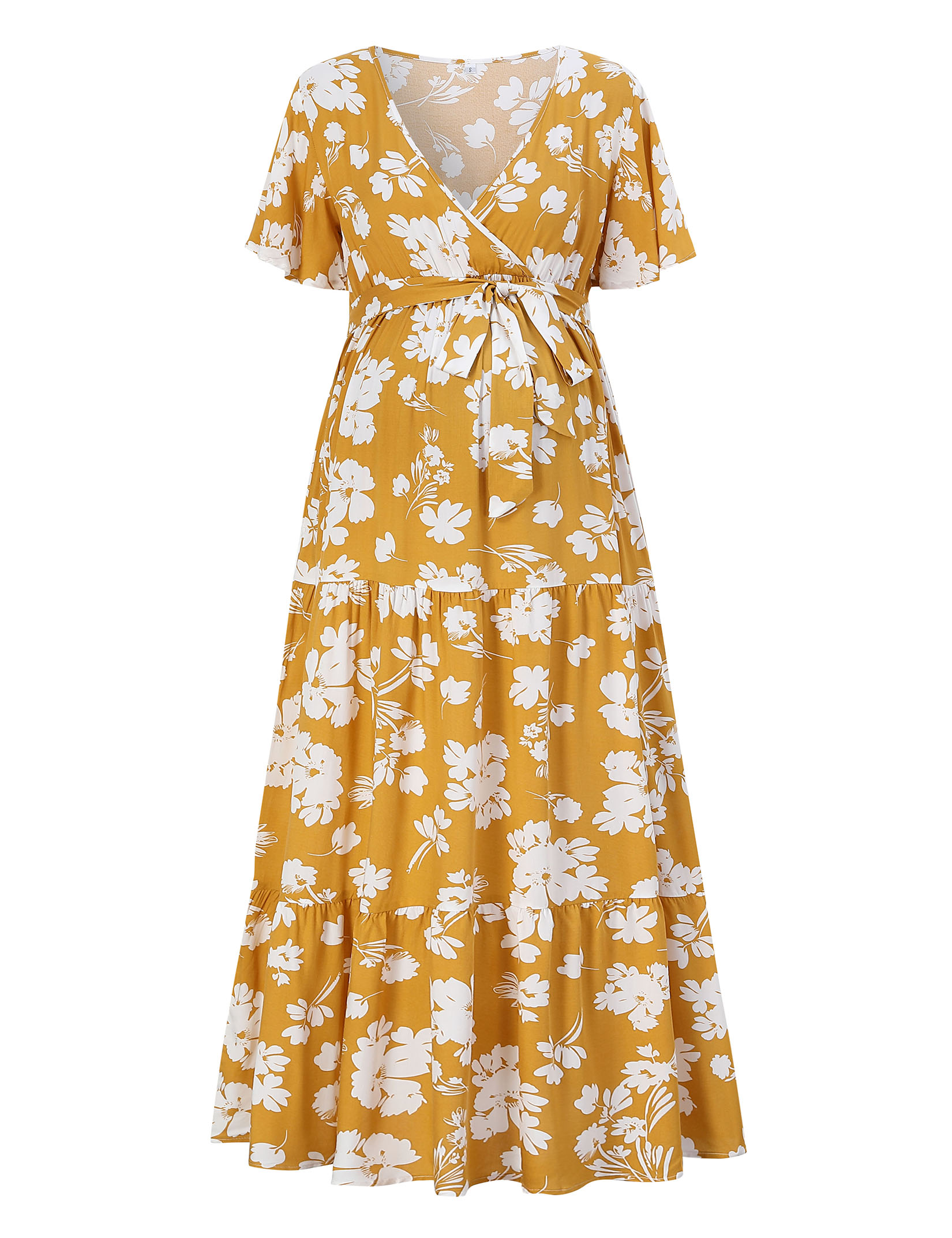 V-Neck Trumpet Sleeve Short Sleeve Long Maternity Dress - Picture 35 of 38