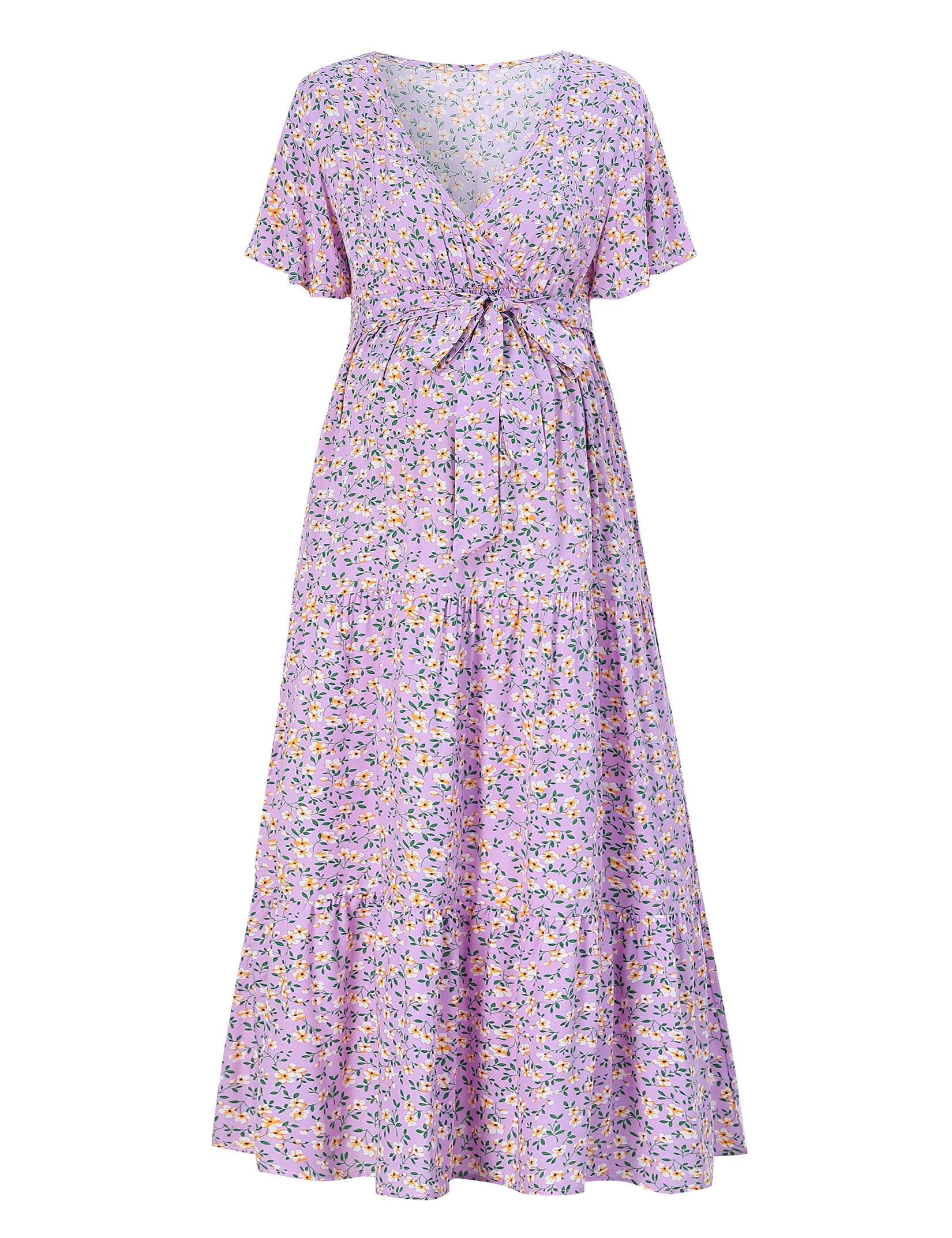 V-Neck Trumpet Sleeve Short Sleeve Long Maternity Dress - Picture 38 of 38