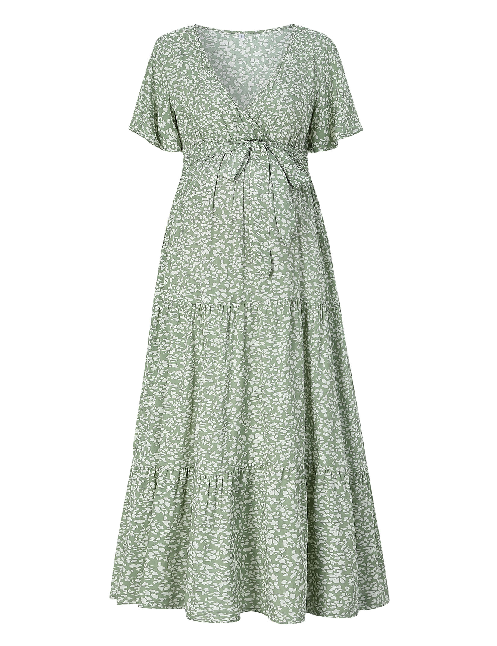 V-Neck Trumpet Sleeve Short Sleeve Long Maternity Dress - Picture 27 of 38