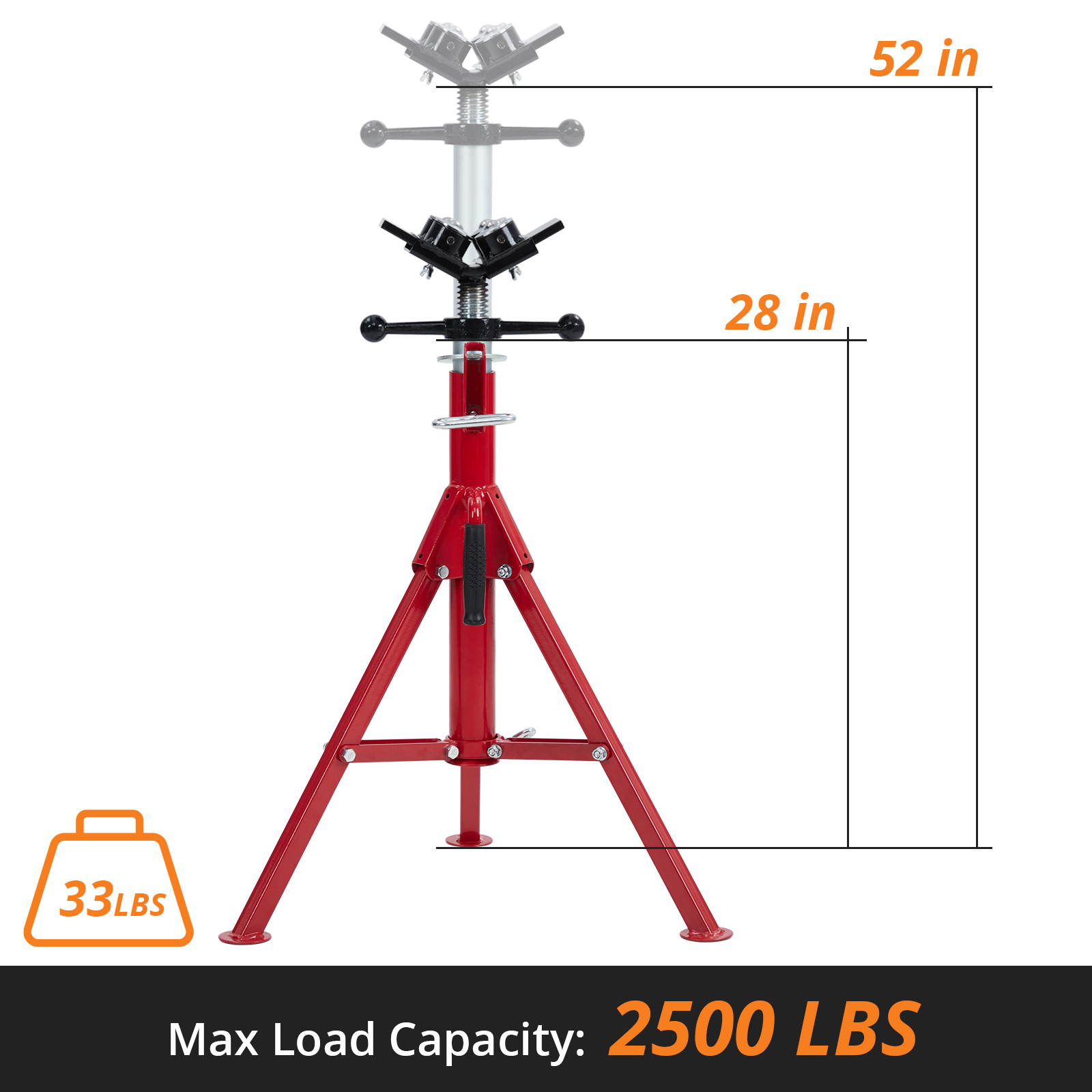 Pipe Jack Stand 2500LBs 24-52'' Adjustable 2/4-Ball V-Head Folding Legs welding - Picture 13 of 18