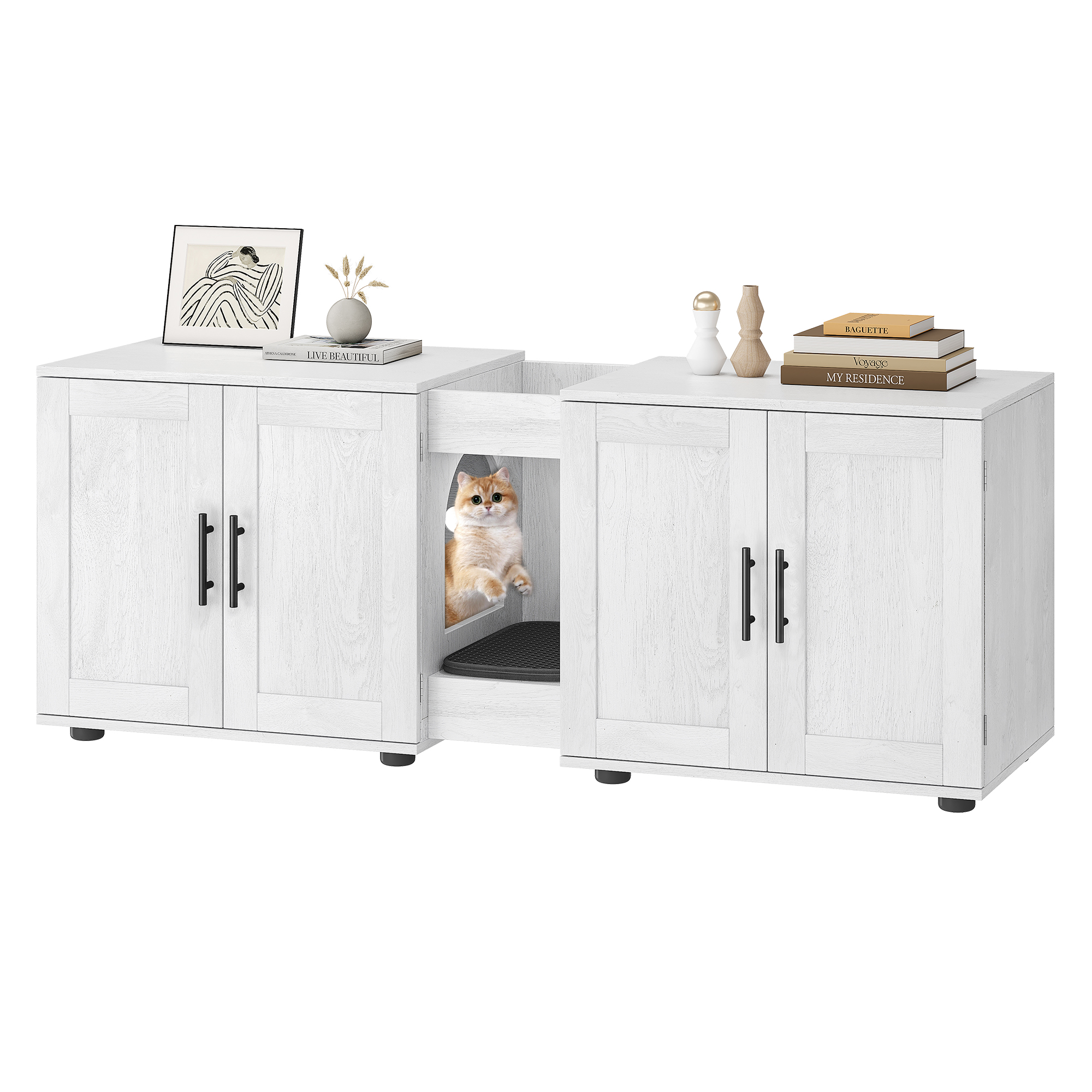 3-in-1 Double Cat Litter Box Enclosure, Modern Wooden Hidden Cabinet for 2 Cats