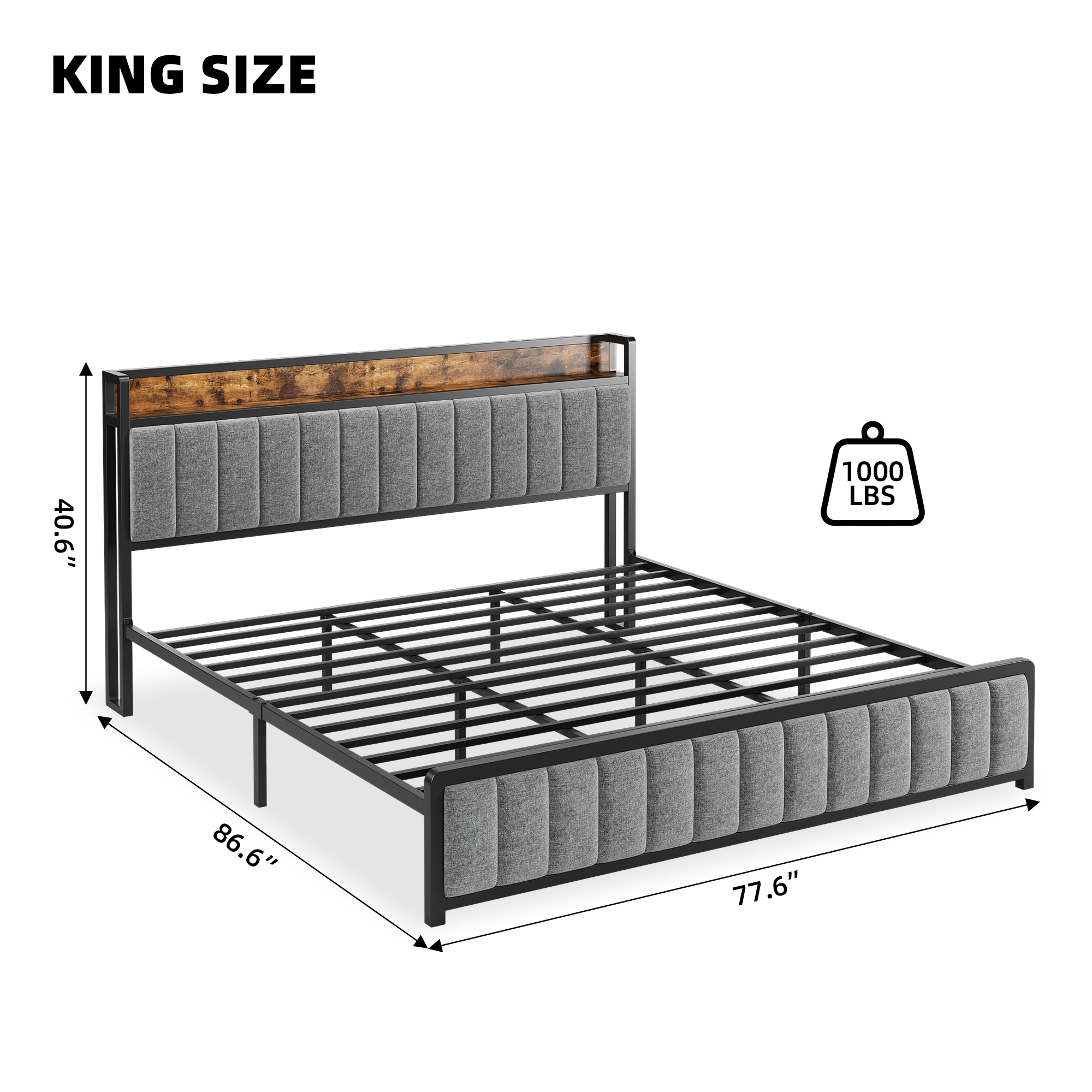 Upholstered Full Bed Frame with Storage Headboard USB Ports and Outlets Platform-image
