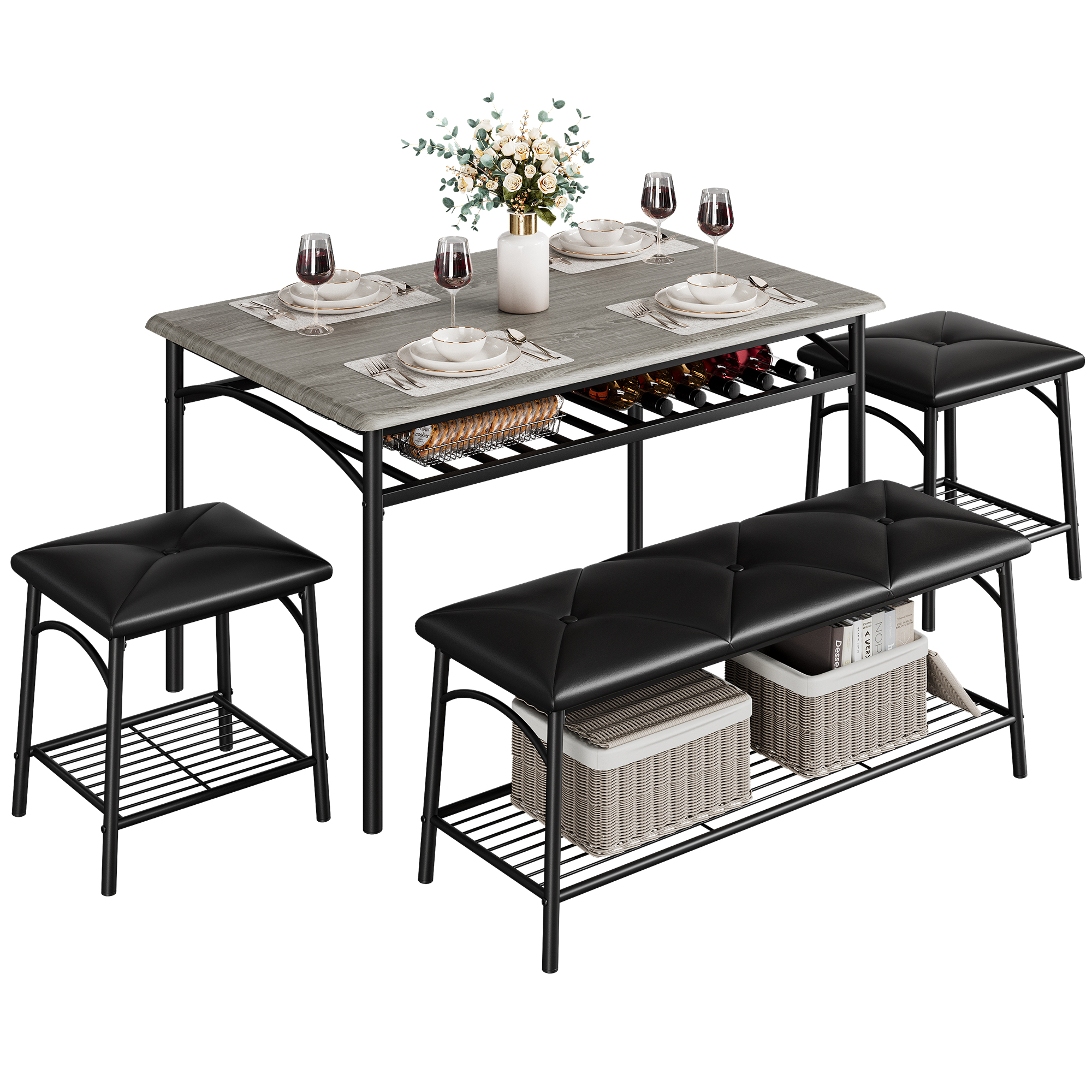 Garvee Kitchen Table Set for 4 with 1 Upholstered Bench & 2 Stools Metal Frame