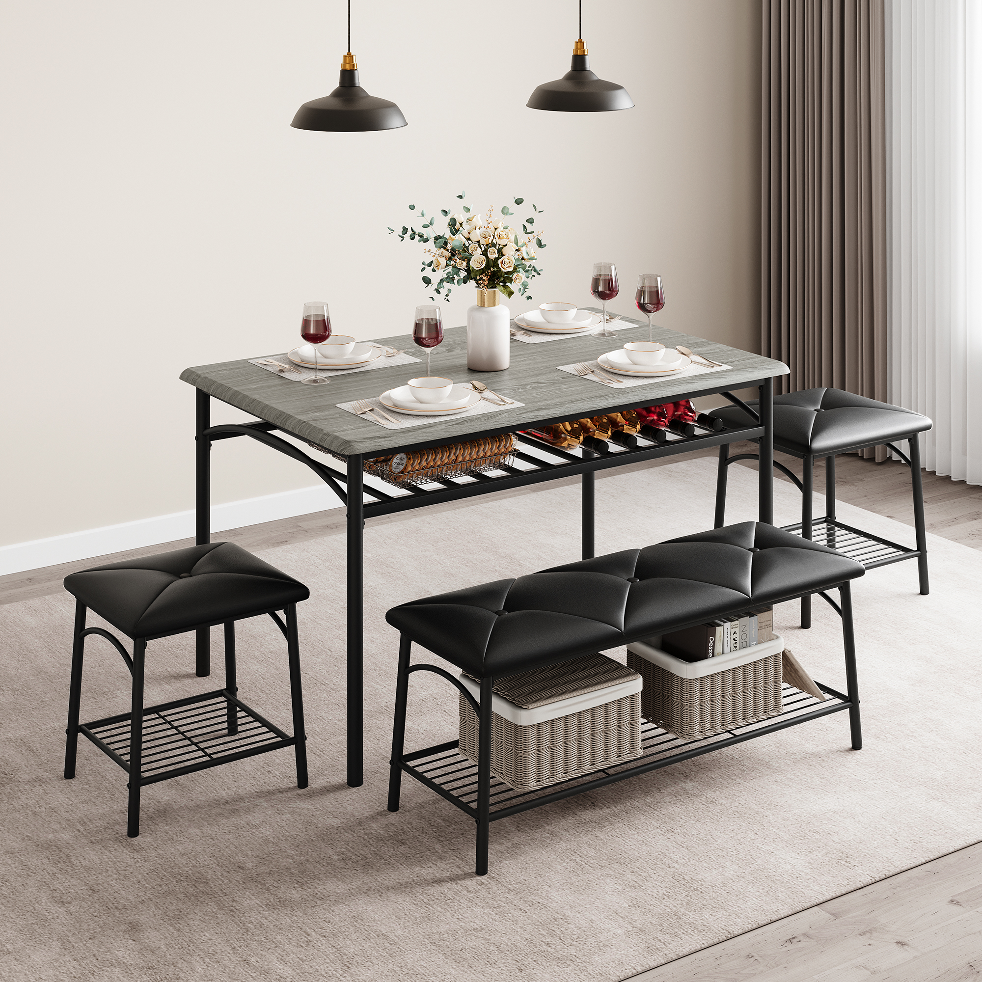 Garvee Kitchen Table Set for 4 with 1 Upholstered Bench & 2 Stools Metal Frame