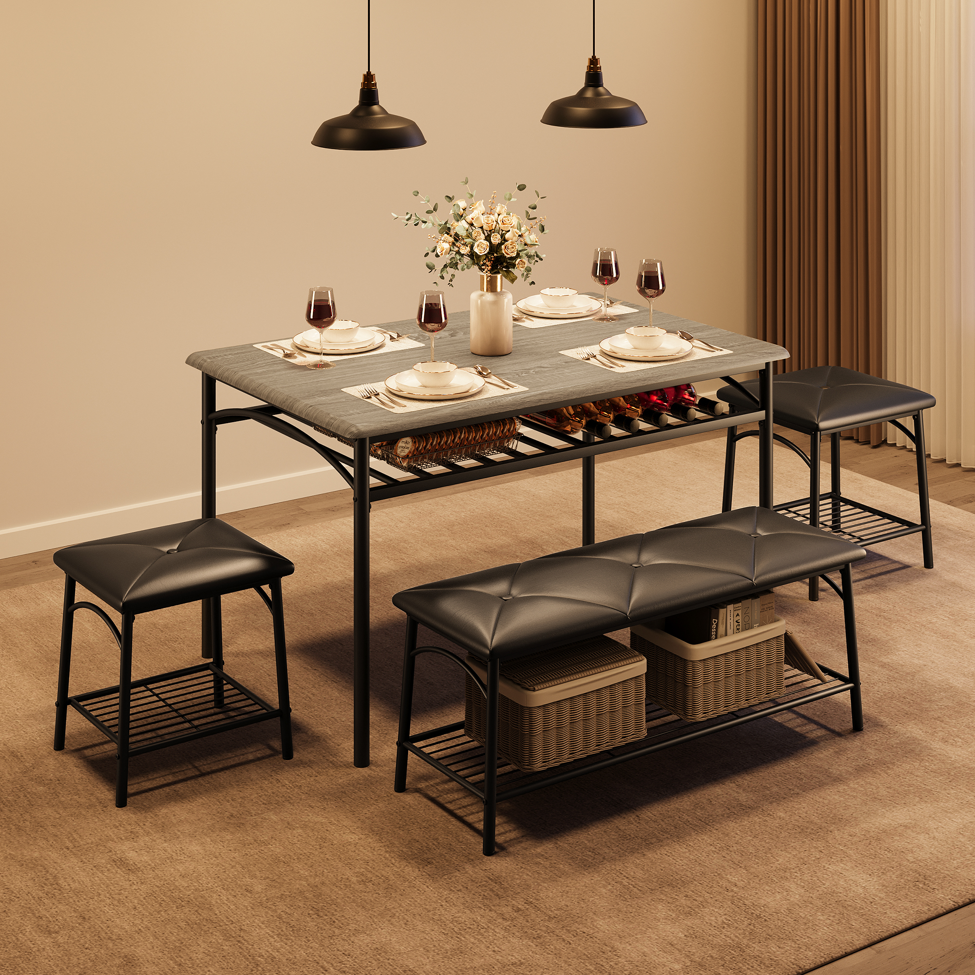 Dining Table Set for 4 with 1 Upholstered Bench and 2 Stools, Kitchen Table Set