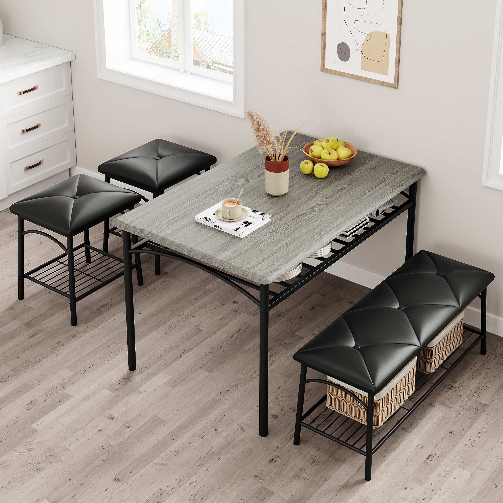 Garvee Kitchen Table Set for 4 with 1 Upholstered Bench & 2 Stools Metal Frame
