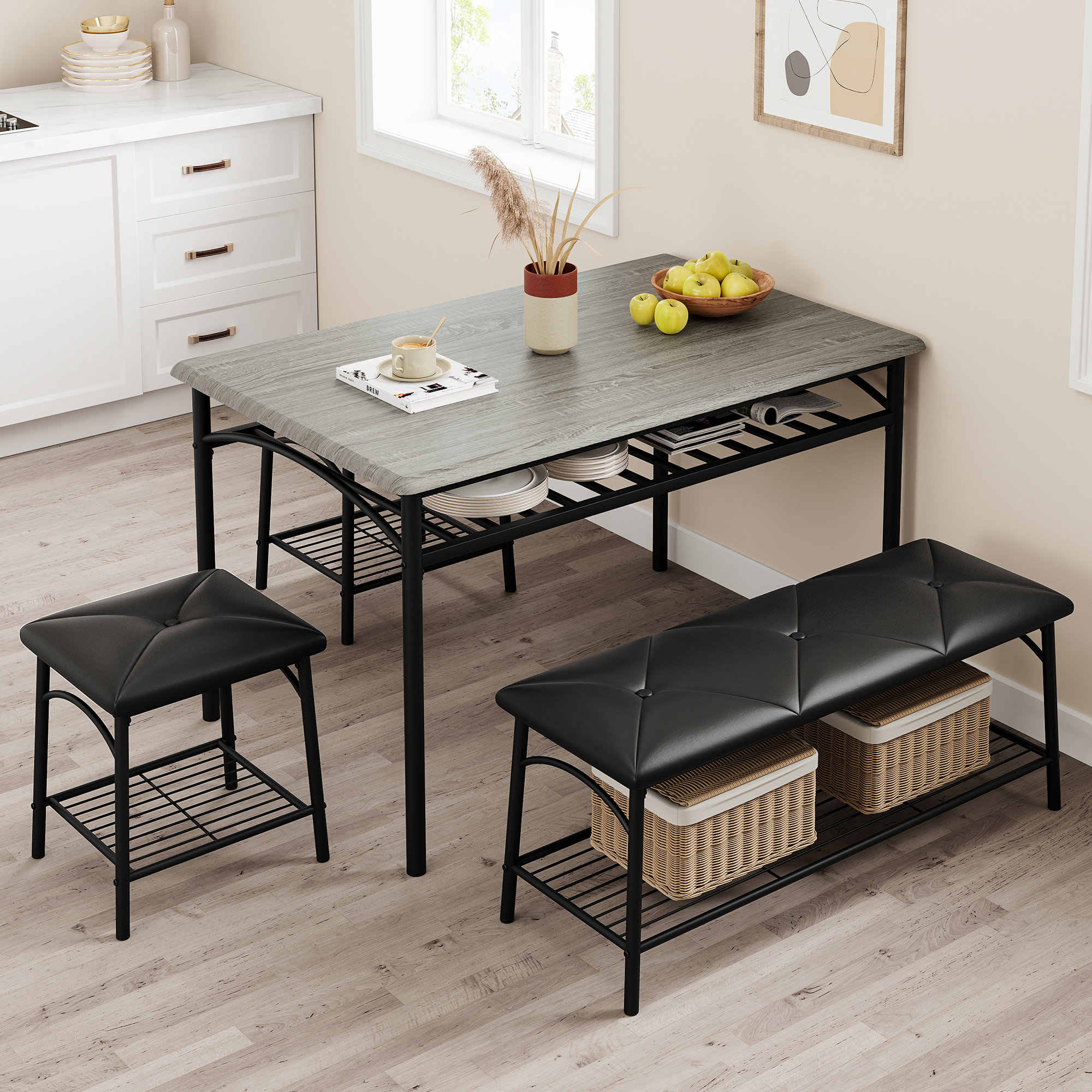 Garvee Kitchen Table Set for 4 with 1 Upholstered Bench & 2 Stools Metal Frame