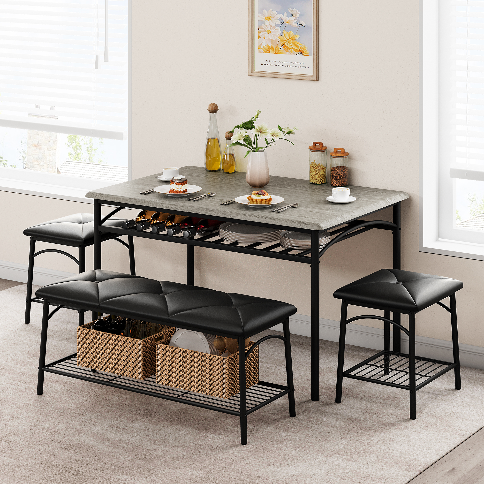 Garvee Kitchen Table Set for 4 with 1 Upholstered Bench & 2 Stools Metal Frame