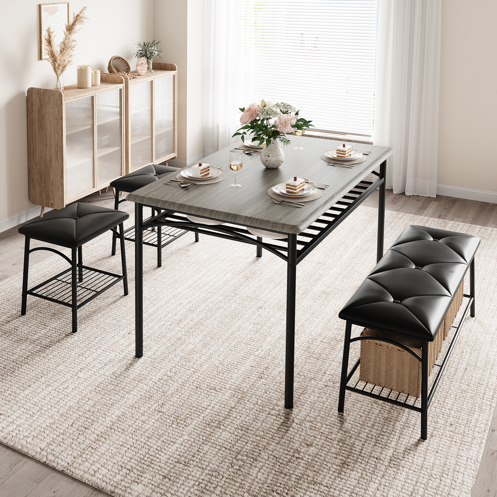 Garvee Kitchen Table Set for 4 with 1 Upholstered Bench & 2 Stools Metal Frame