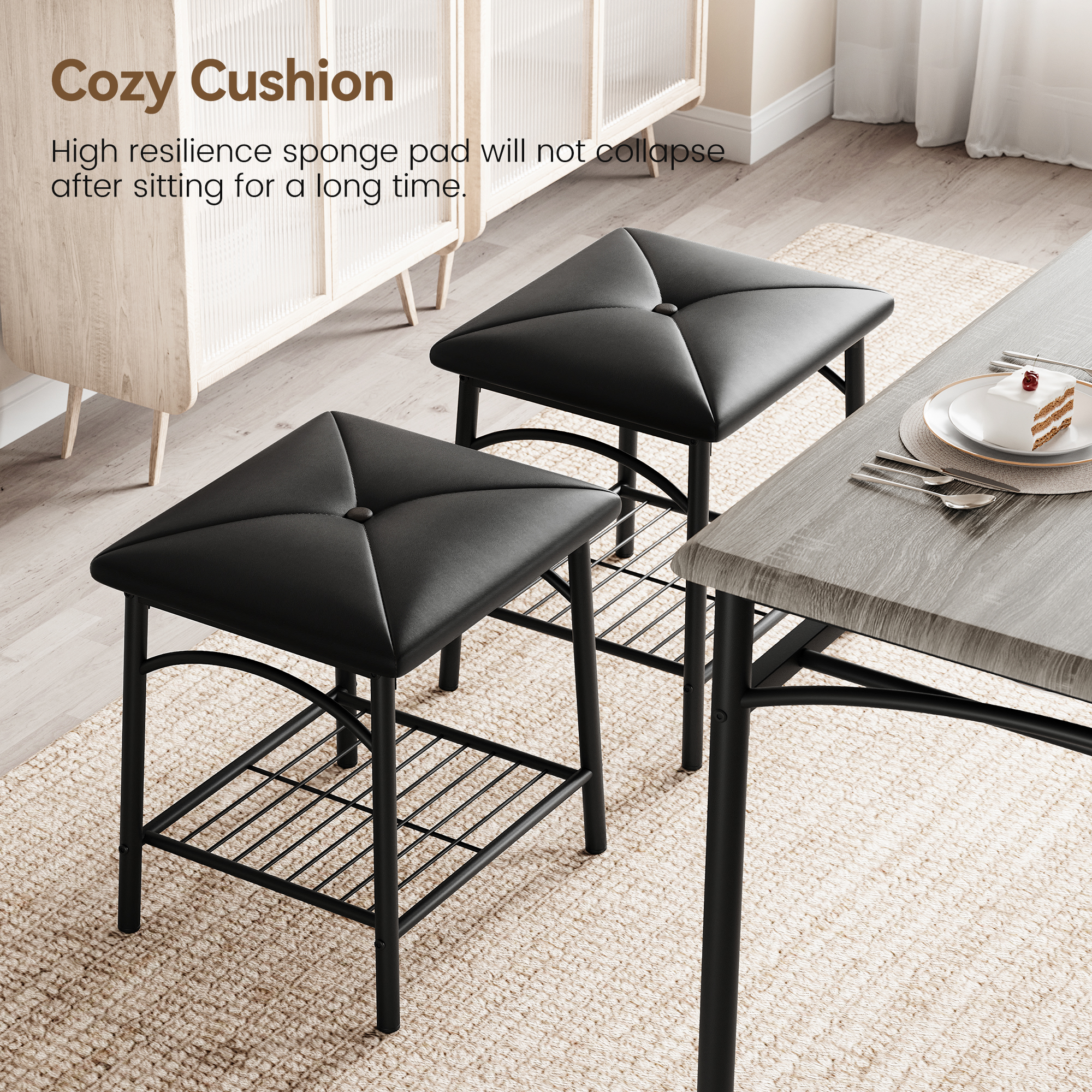 Garvee Kitchen Table Set for 4 with 1 Upholstered Bench & 2 Stools Metal Frame