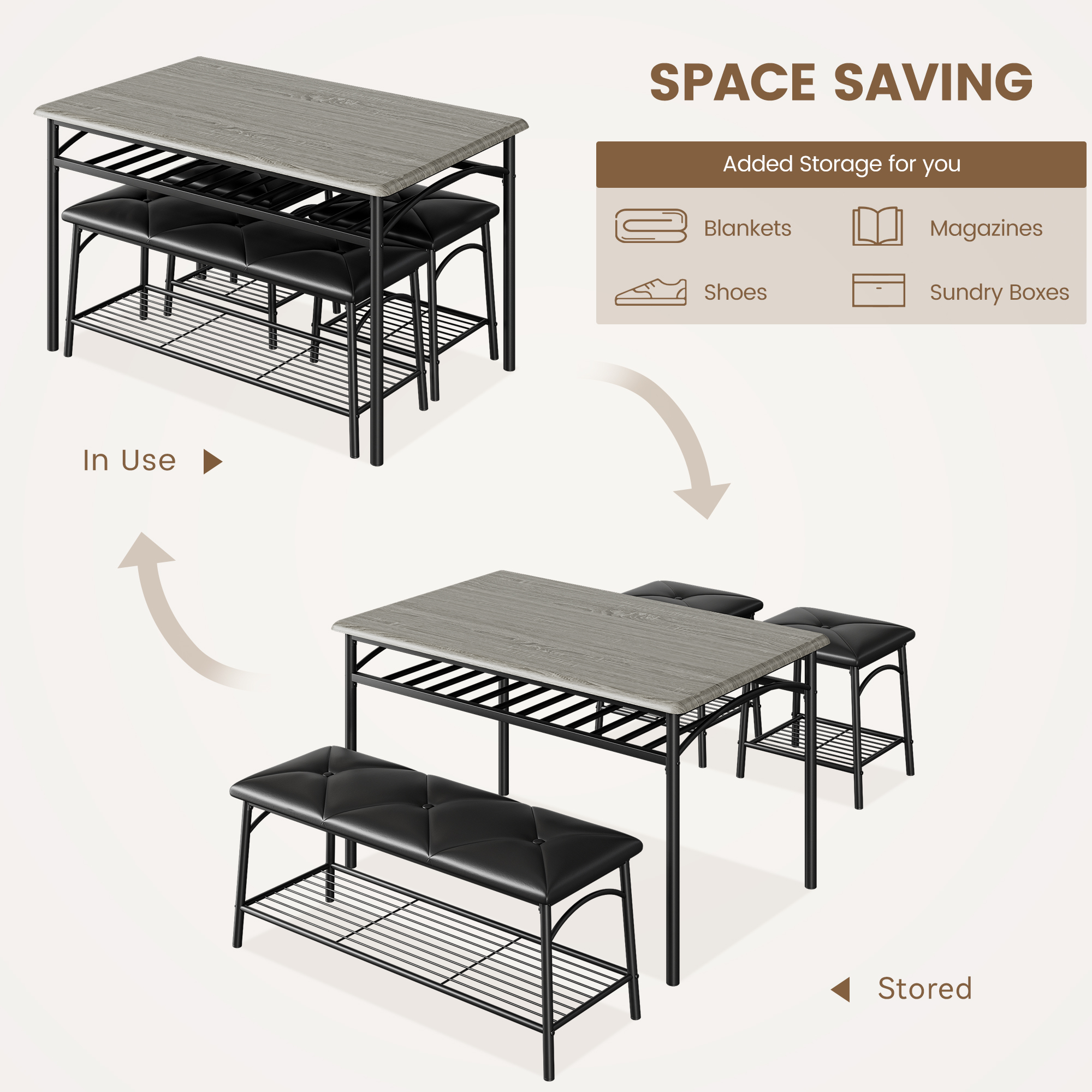 Garvee Kitchen Table Set for 4 with 1 Upholstered Bench & 2 Stools Metal Frame